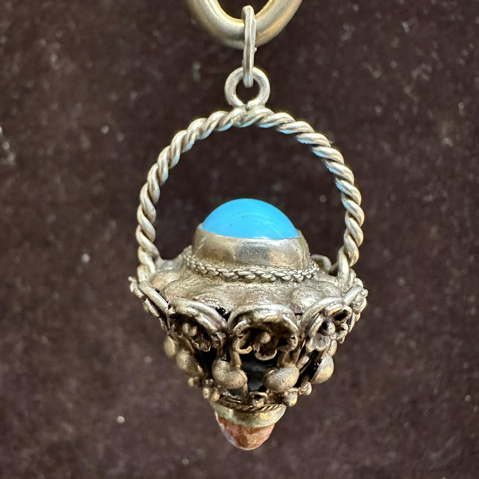 800 Silver Opal and Turquoise Basket Victorian Etruscan Style Charm: This item is in good pre-owned, previously used/displayed condition with noticeable light wear and surface scratches. Please reference all photos for full details. This piece of jewelry has been teste