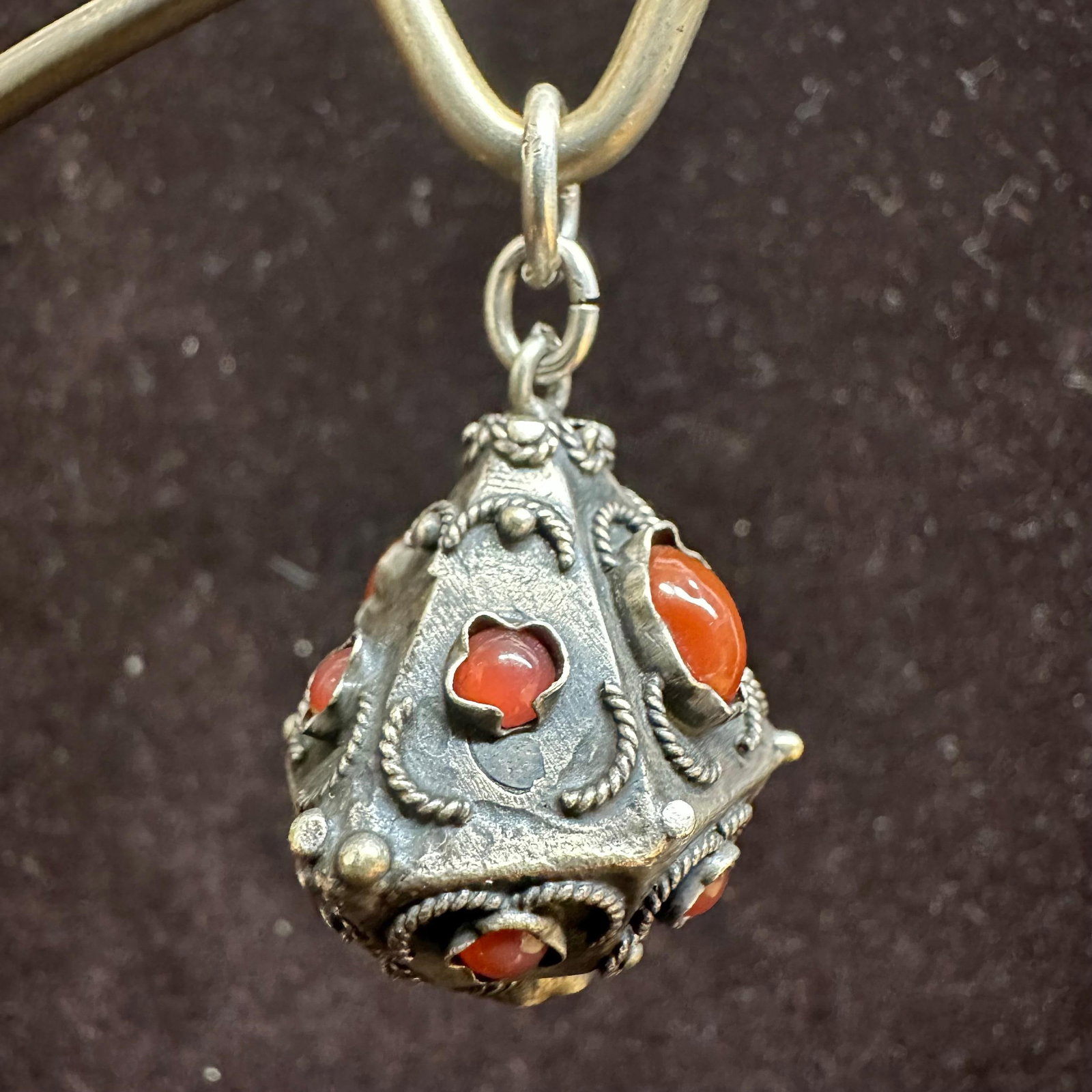 Carnelian Orange Red Stone Victorian Etruscan Style Silver Fob Charm: This item is in good pre-owned, previously used/displayed condition with noticeable light wear and surface scratches. Please reference all photos for full details. This piece of jewelry has been teste
