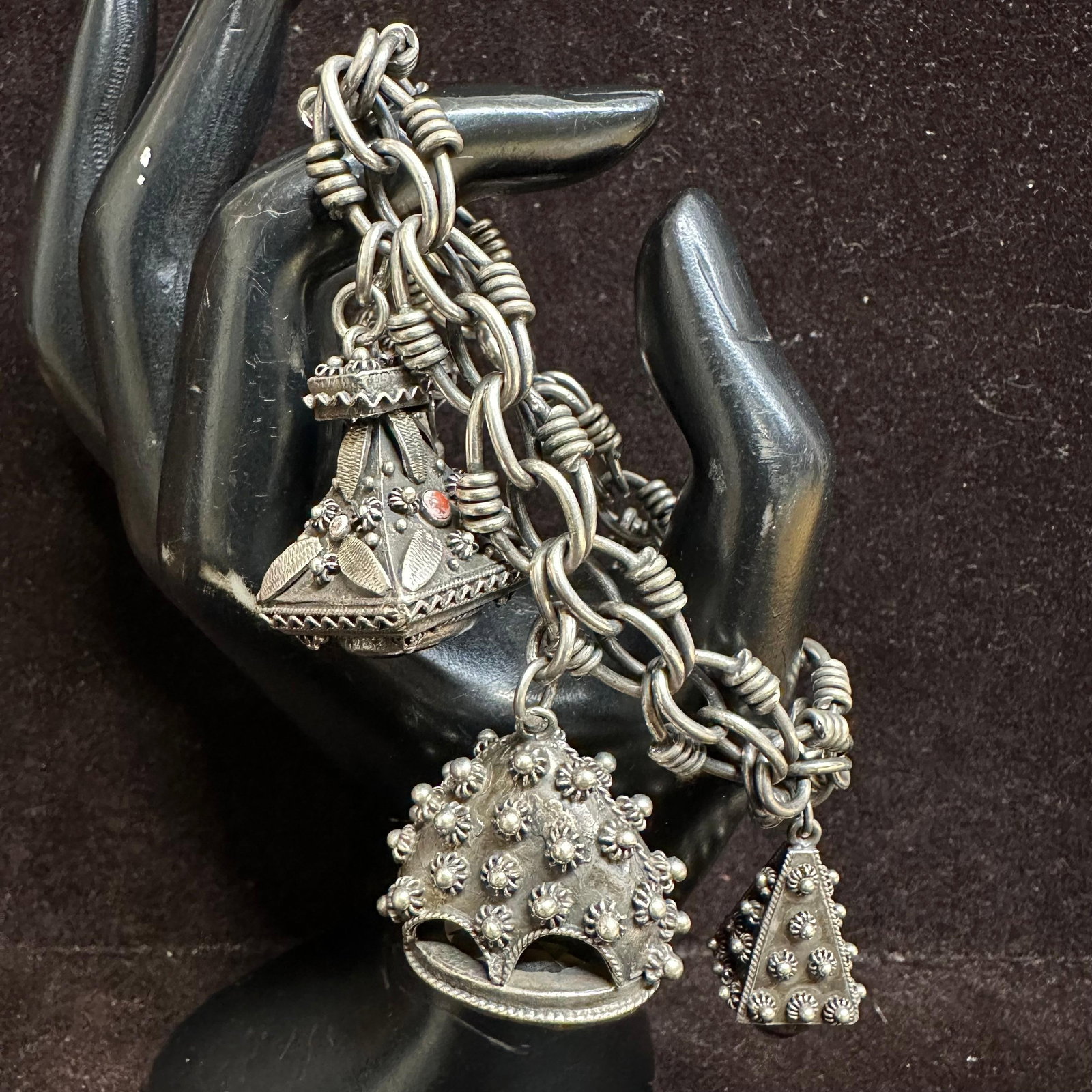 Natural Stone Five Charm Victorian Etruscan Style Silver Bracelet T32: This item is in good pre-owned, previously used/displayed condition with noticeable light wear and surface scratches. Please reference all photos for full details. This piece of jewelry has been teste