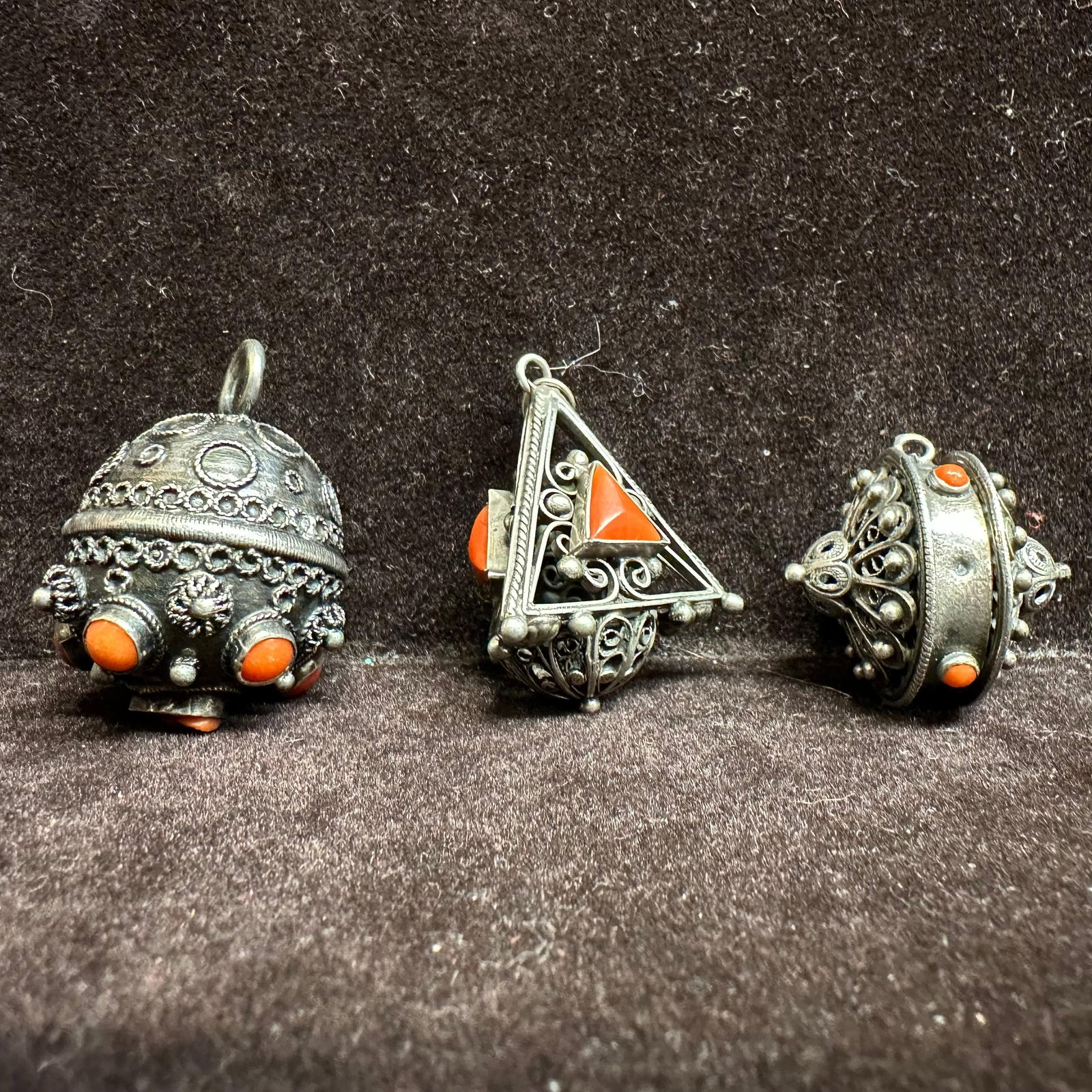 Etruscan Revival Style Carved Red Coral Cameo Silver Fob Charm Set T38: This item is in good pre-owned, previously used/displayed condition with noticeable light wear and surface scratches. Please reference all photos for full details. This piece of jewelry has been teste