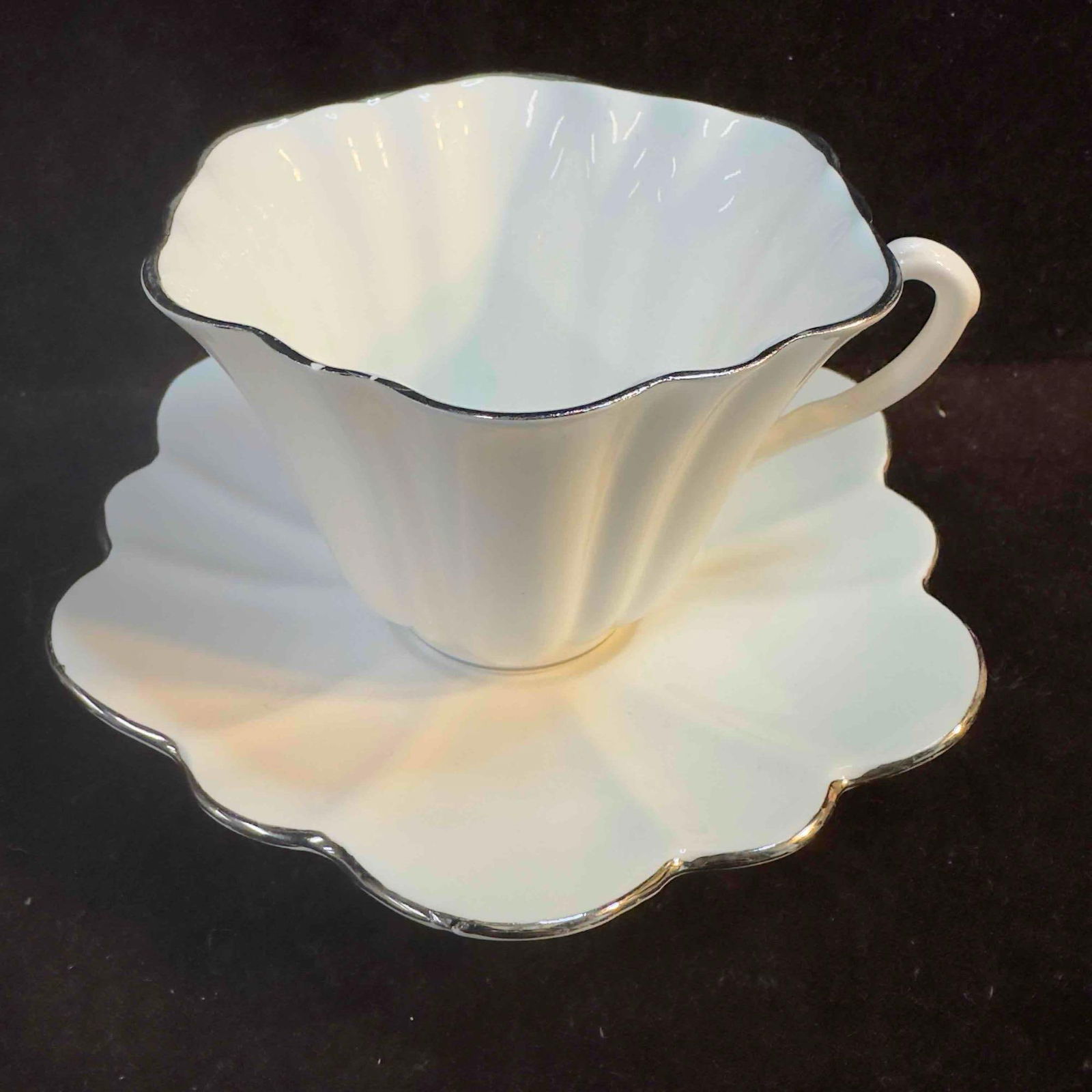 Rosina Bone China White Silver Toned Accent Rim Cup and Saucer Plate Set: Rosina Bone China White Silver Toned Accent Rim Cup and Saucer Plate Set. These items are in good pre-owned, previously displayed condition with light wear, and surface scratches. Please reference all