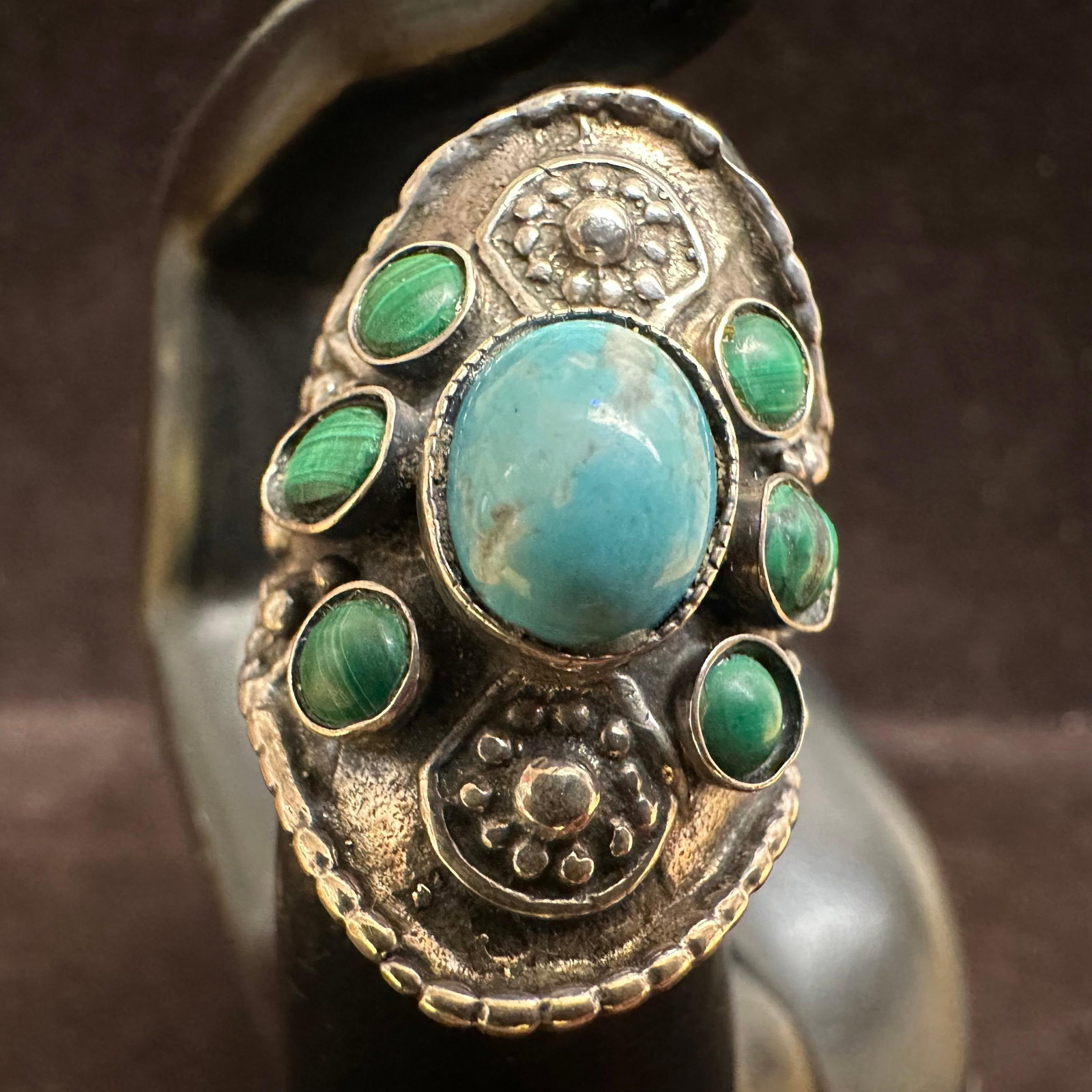 Boho Bohemian Style turquoise and Malachite Silver Beaded Silverwork Ring: This item is in good pre-owned, previously used/displayed condition with noticeable light wear and surface scratches. Please reference all photos for full details. This piece of jewelry has been teste