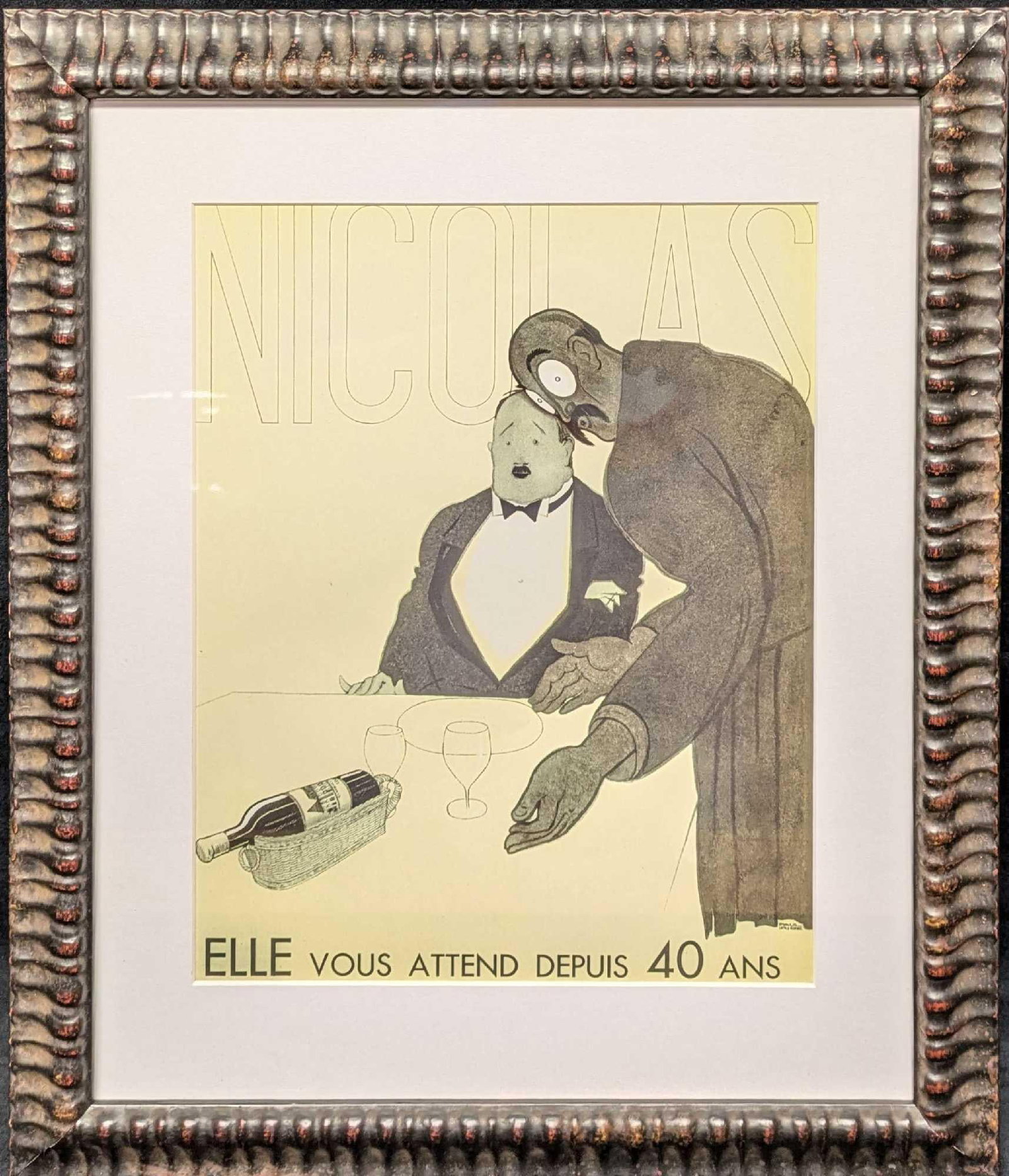 Framed Paul Iribe French Wine Lithograph: Framed Paul Iribe French Wine Lithograph. This is approx 15 3/4" x 1 1/4" x 18 1/2" and it weighs 3.60lbs. The print was framed professionally with a solid and heavy frame. Please note the signature o