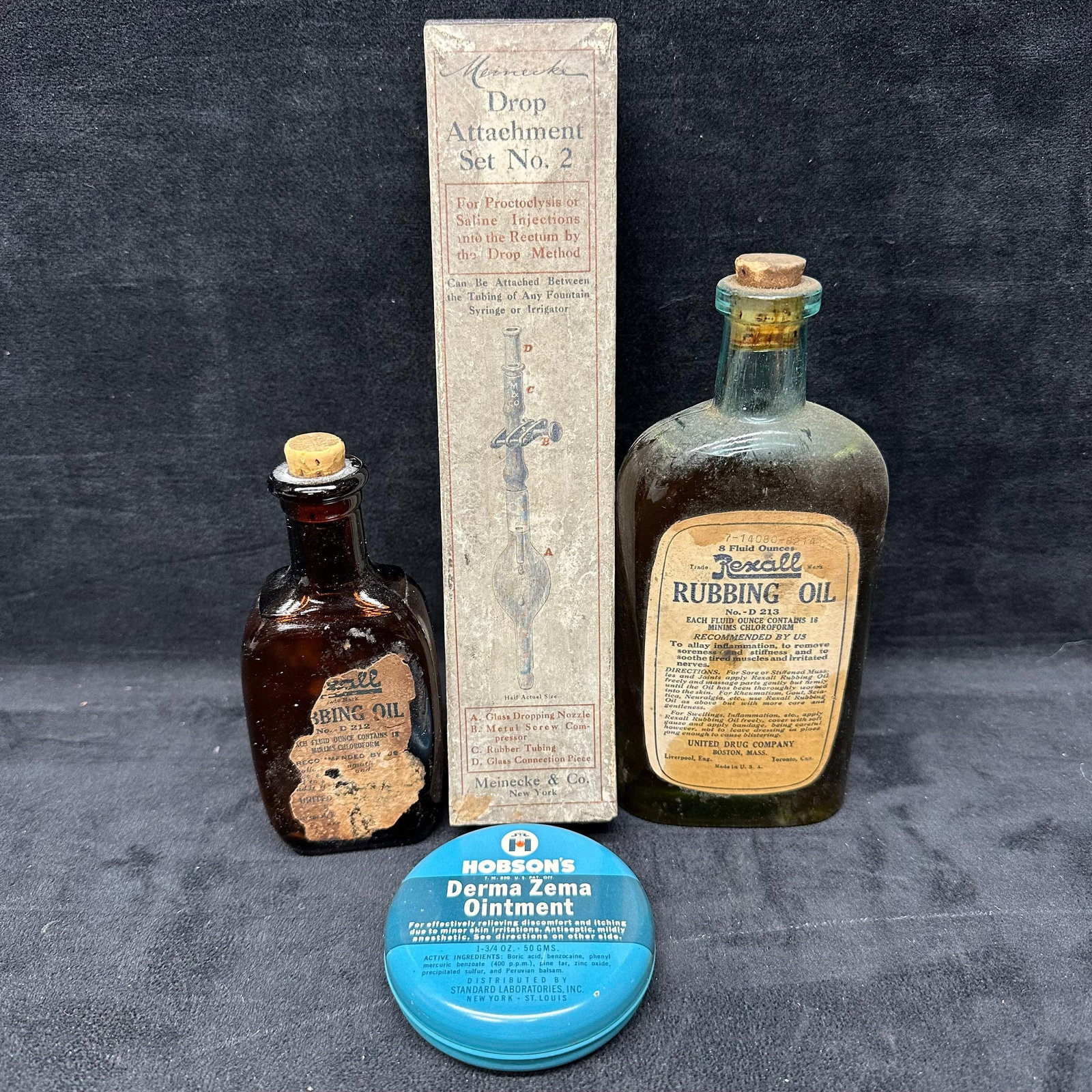 Medical and Apothecary Rexall Rubbing Oil Bottles Hobsons Tin Drop Attachment Collectibles (1 of 6)