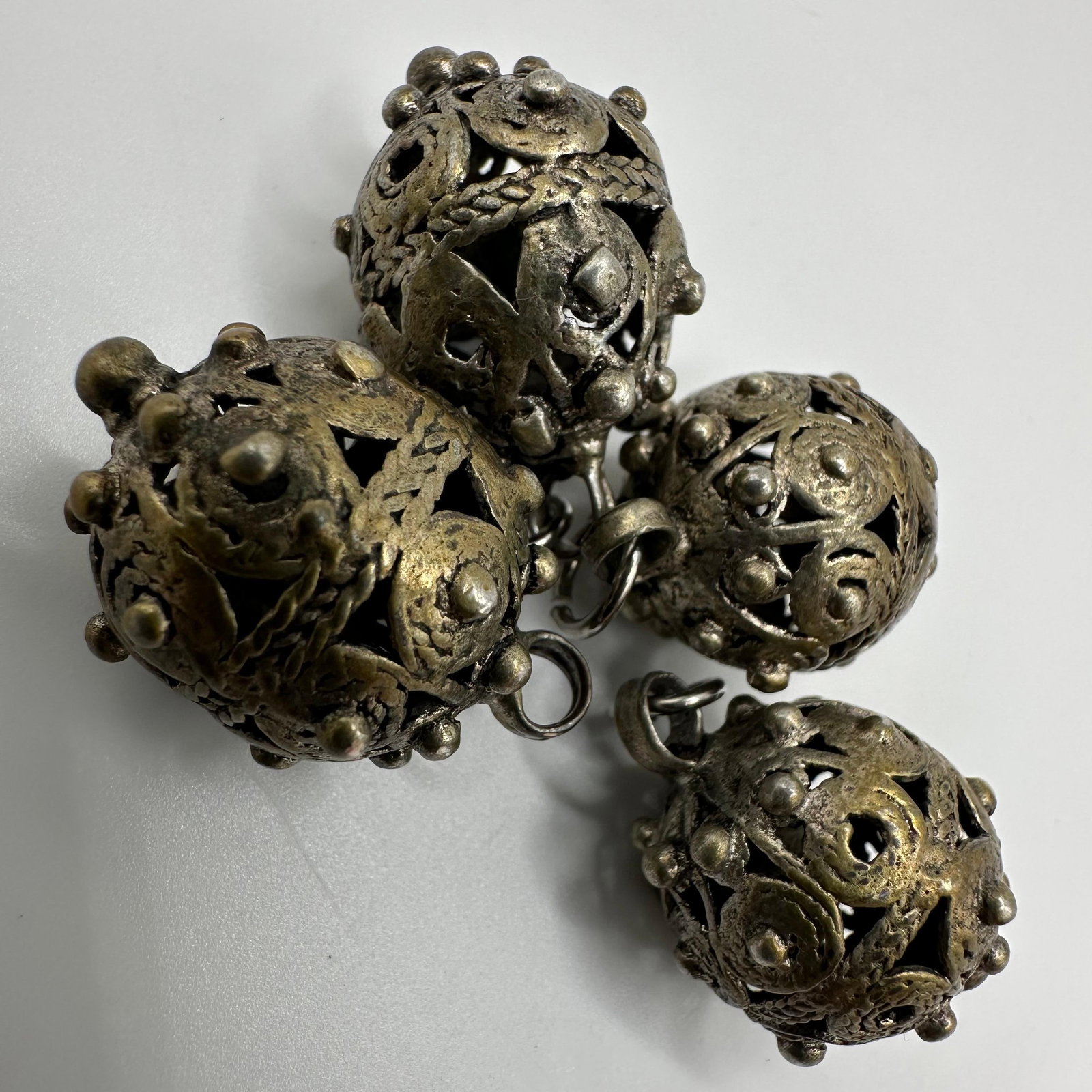 Silver Filigree Ball Charms Openwork Patterns Granulation Work: These items are in good pre-owned, previously used/displayed condition with noticeable light wear and surface scratches. Please reference all photos for full details. These pieces of jewelry have been