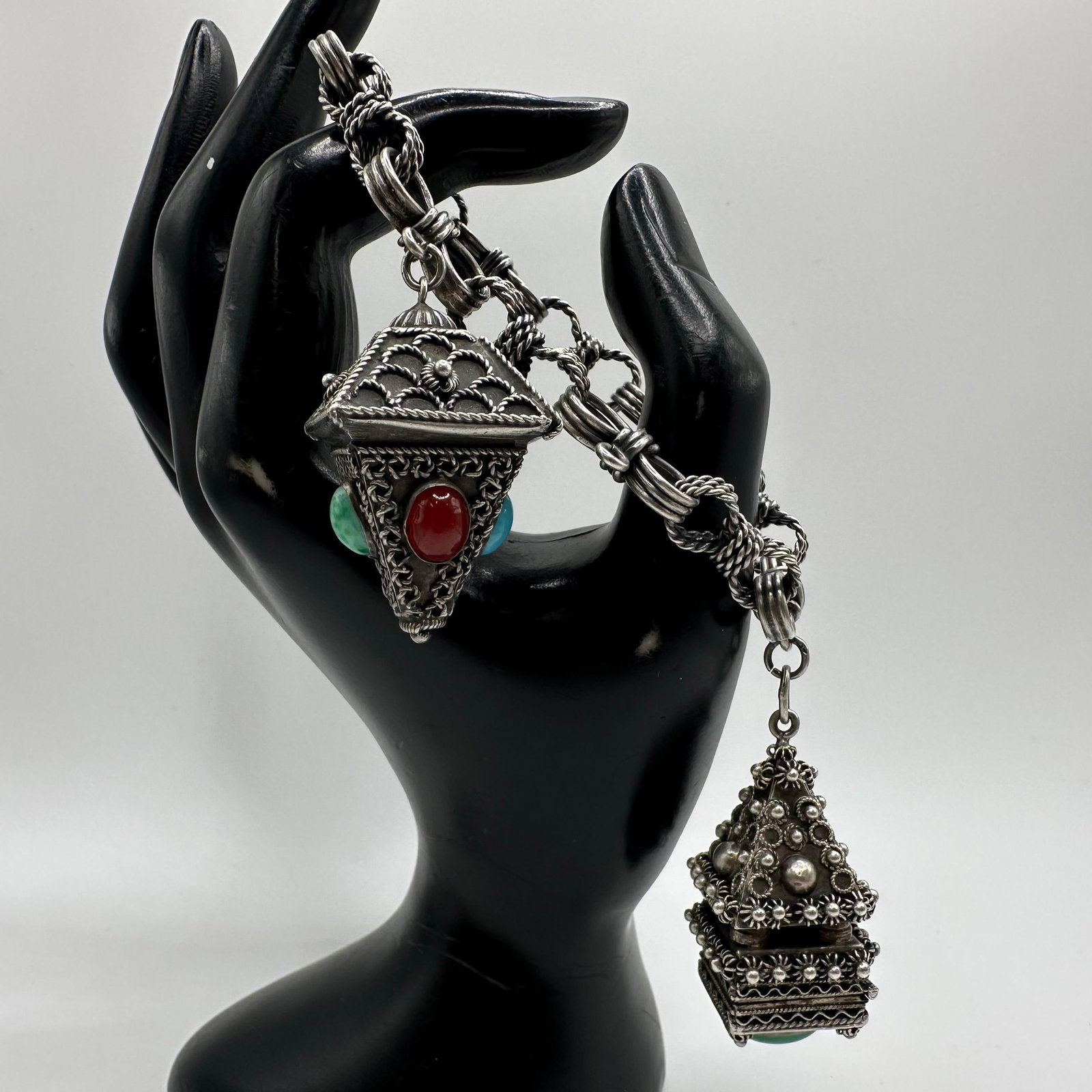 Chunky Etruscan Revival Style Colorful Stone Fob and Locket Charm Silver Bracelet: This item is in good pre-owned, previously used/displayed condition with noticeable light wear and surface scratches. Please reference all photos for full details. This piece of jewelry has been teste