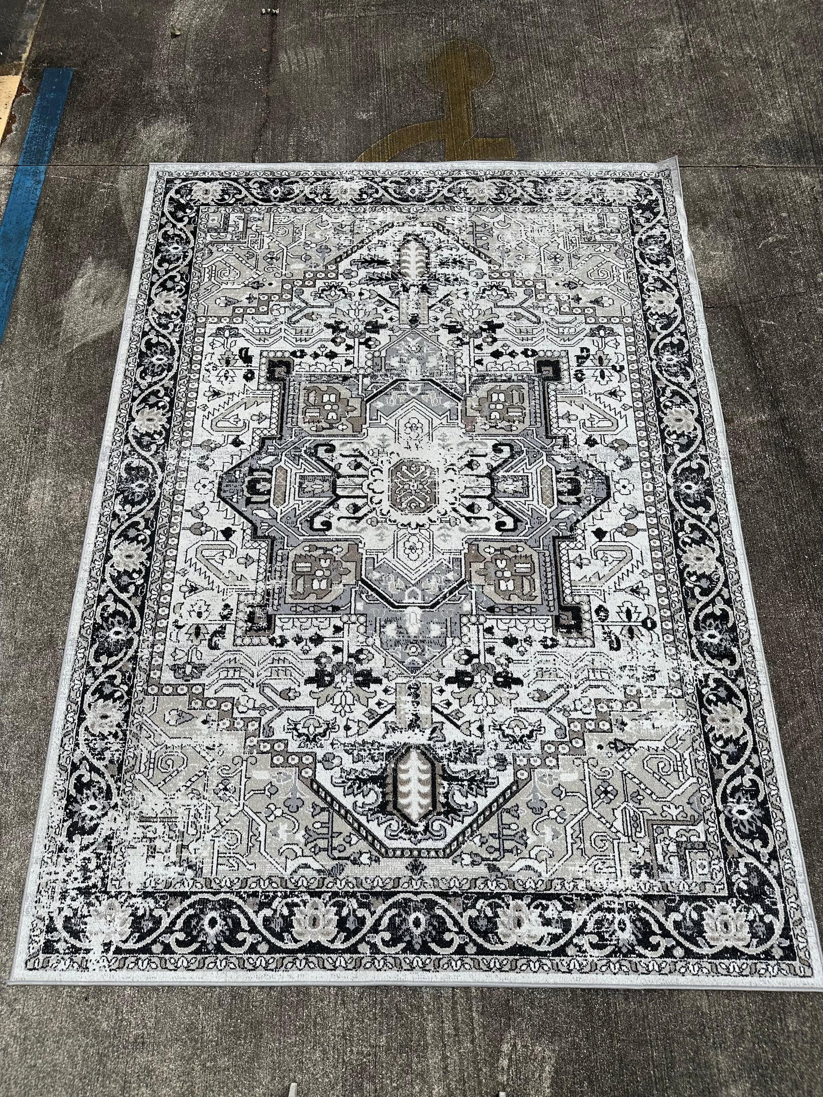 Surya Lavadora Area Rug LVR2322 6ft 7in x 9ft Gray Black Medallion Pattern: Machine-woven area rug by Surya from the Lavadora collection, model LVR2322-679. Measures approximately 6 ft 7 in by 9 ft. Features a distressed medallion design in gray, black, and neutral tones. 100