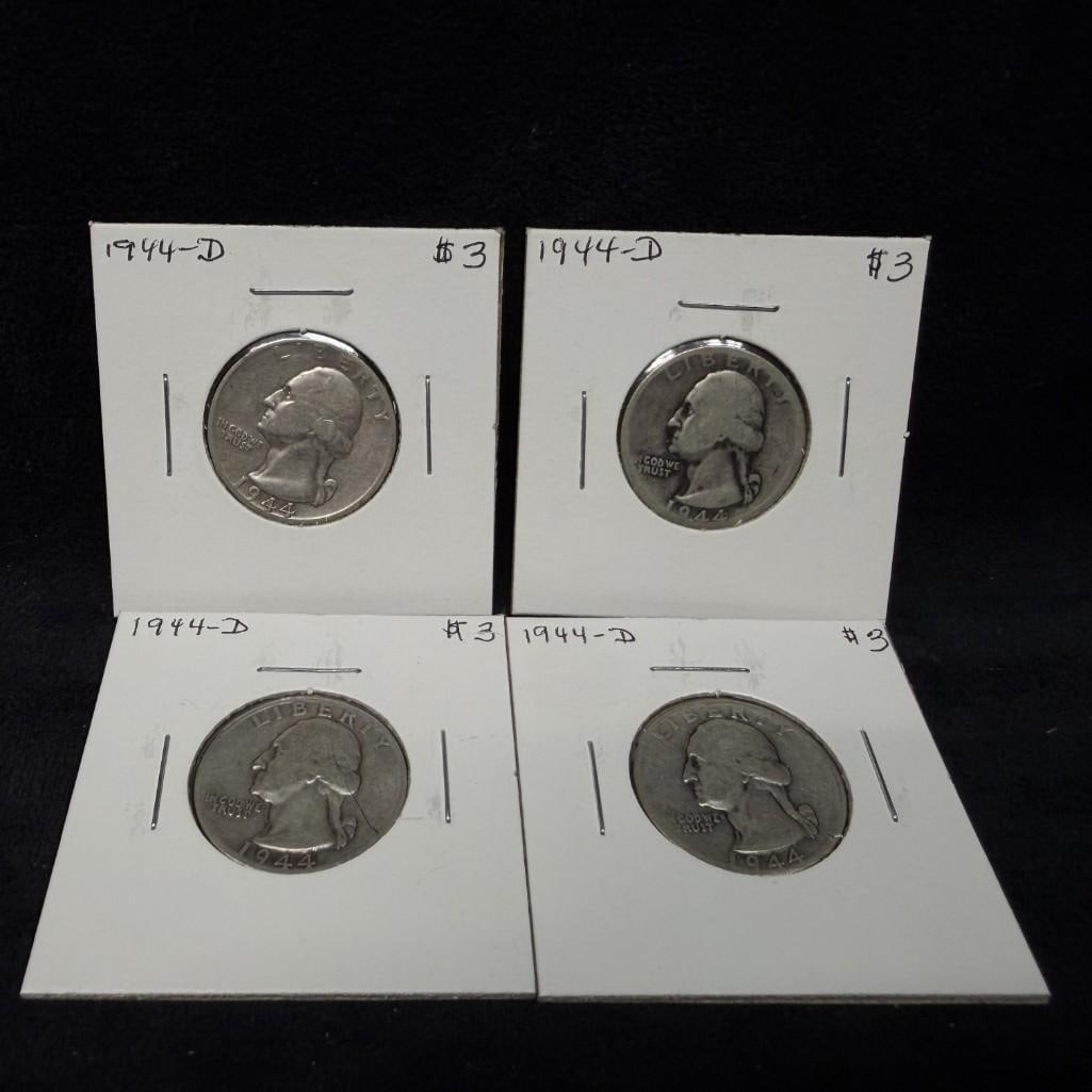 4 US Washington Silver Quarters 1944 (1 of 2)