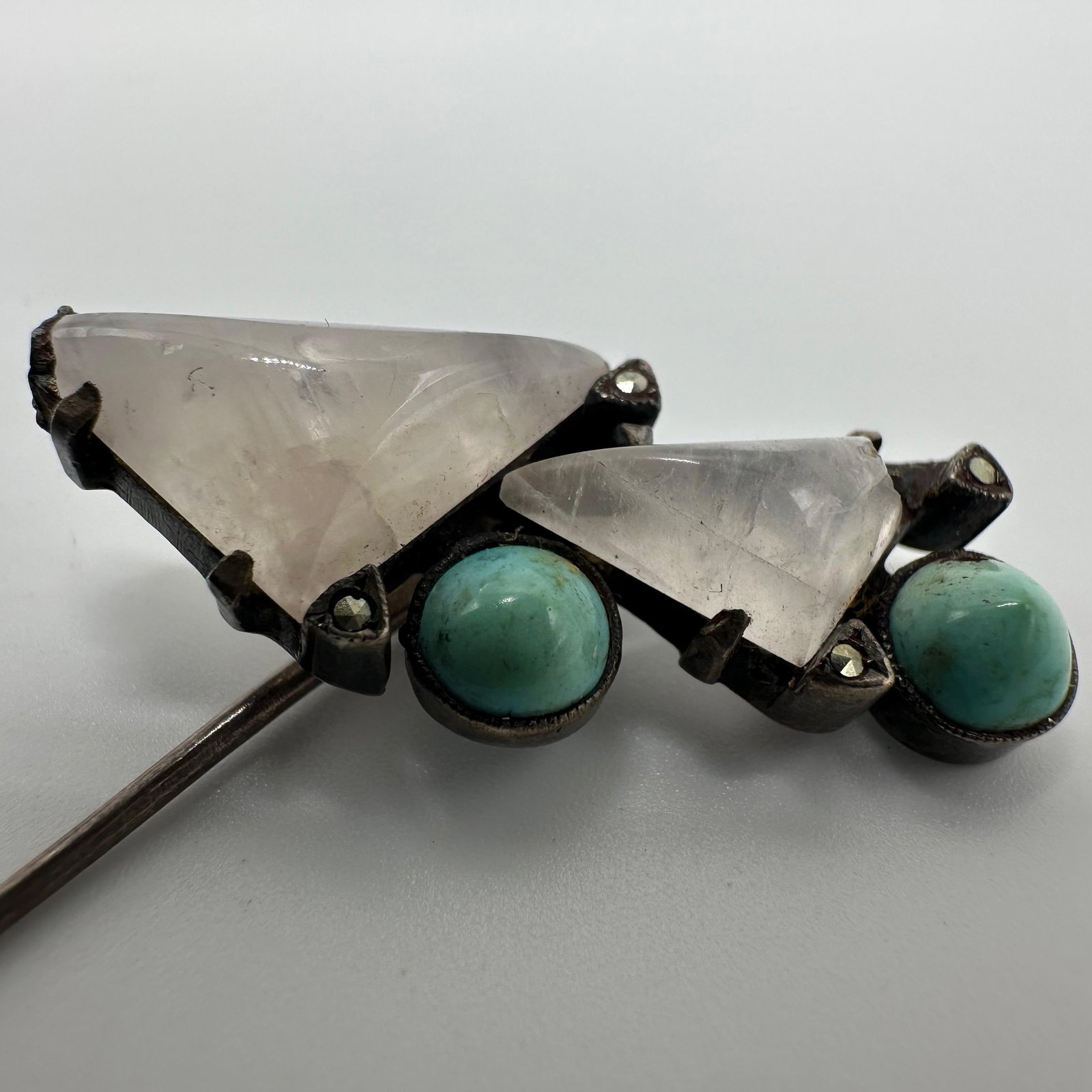 Triangular Cut Quartz and Round Turquoise Sterling Brooch Pin Q24: This item is in good pre-owned, previously used/displayed condition with noticeable light wear and surface scratches. Please reference all photos for full details. This piece of jewelry has been teste