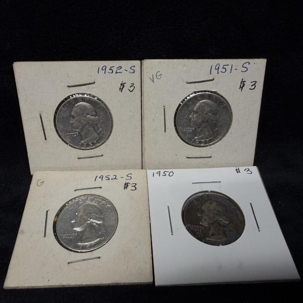 4 US Washington Silver Quarters 1950-1952 (1 of 2)