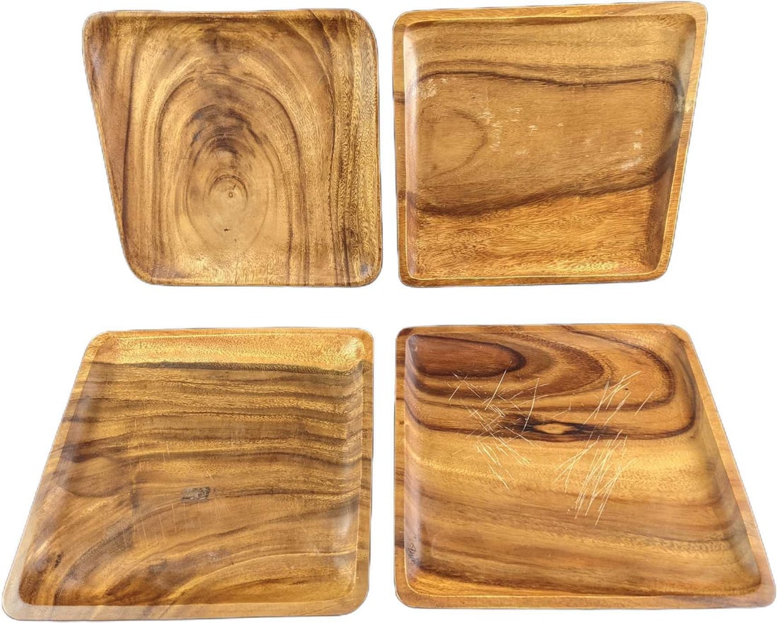 Four Vintage Monkey Pod Wood Square Serving Trays: Each tray is 12" x 12" x 1" and together they weigh 4.39lbs. The trays were made in the Philippines. The trays are in a good, vintage condition with some signs of wear and scratches. Please see the