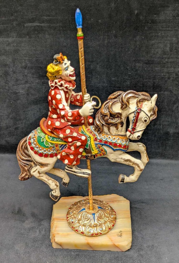 Vintage Large Ron Lee Catch The Brass Ring Clown Carousel Horse: Vintage Large Ron Lee Catch The Brass Ring Clown Carousel Horse. The marble base is signed Ron and dated 84. This is approx 22 1/2" x 14" x 8" and it weighs 17lbs. The sculpture has some light marking