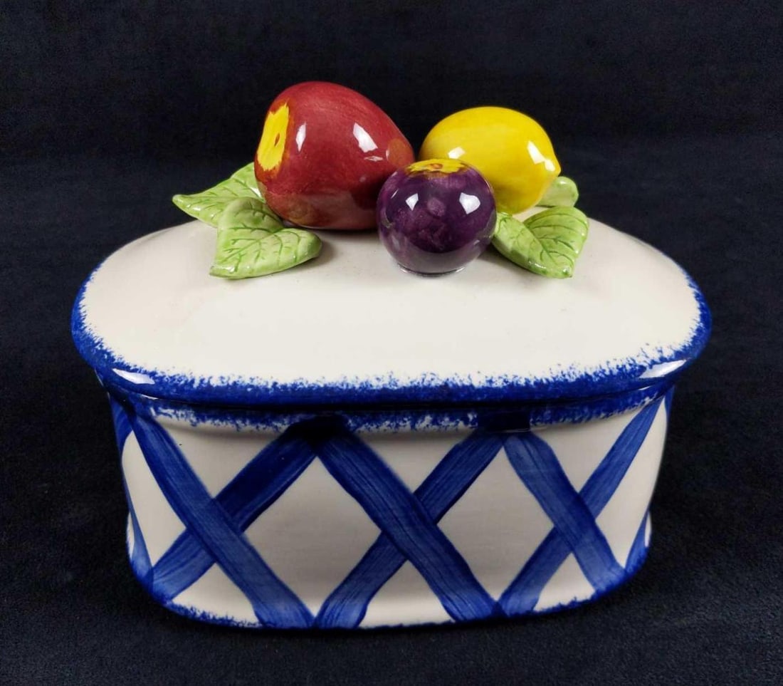 Cali Ladies Ceramic Coupon Recipe Fruit Basket: Hand-painted ceramic 'fruit basket' meant for holding recipes or coupons. This was designed by two ladies who call themselves the 'Cali Ladies' and are from Memphis, Tennessee. They make and pain