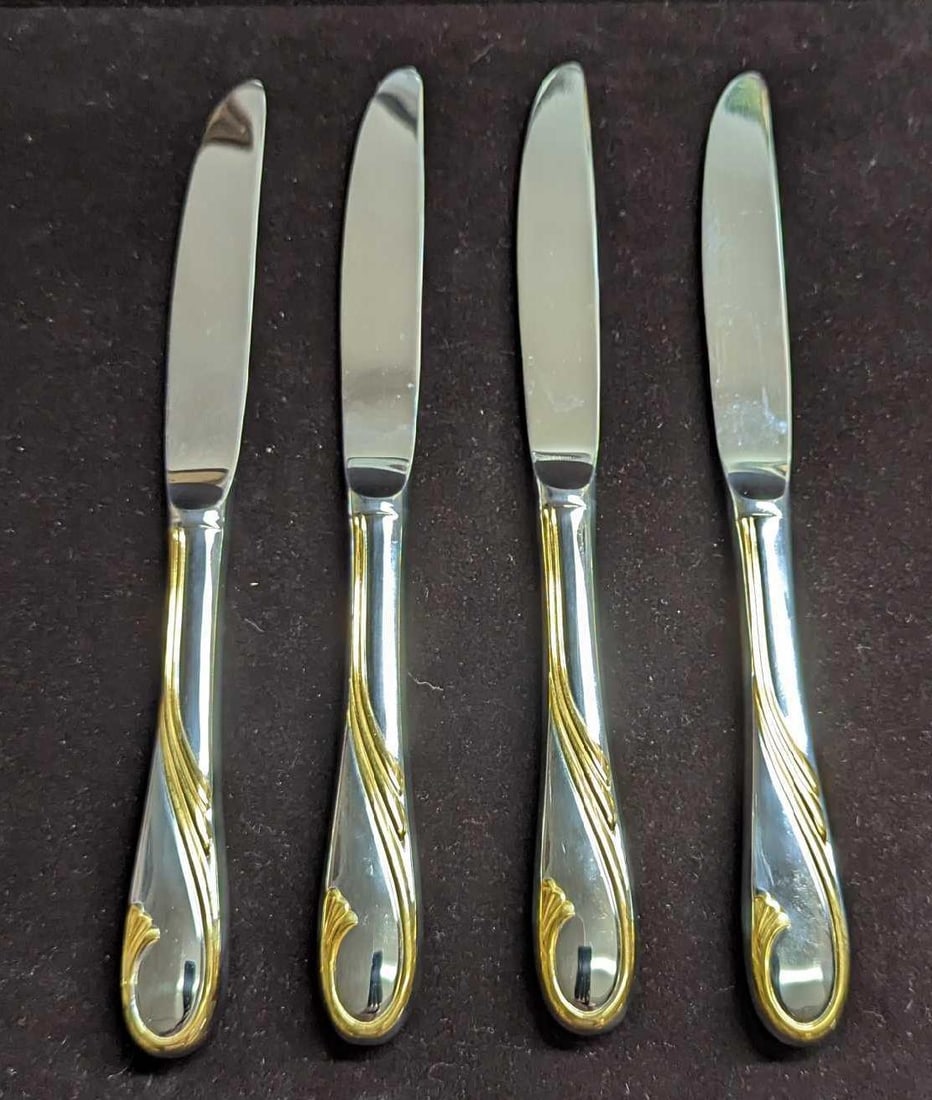 4 Retired Gorham Golden Swirl Dinner Knives A: 4 Retired Gorham Golden Swirl Dinner Knives A. This series was released by Gorham Silver from the year 1982 to the year 2001. These stainless steel knives have signs of light wear with markings and sm