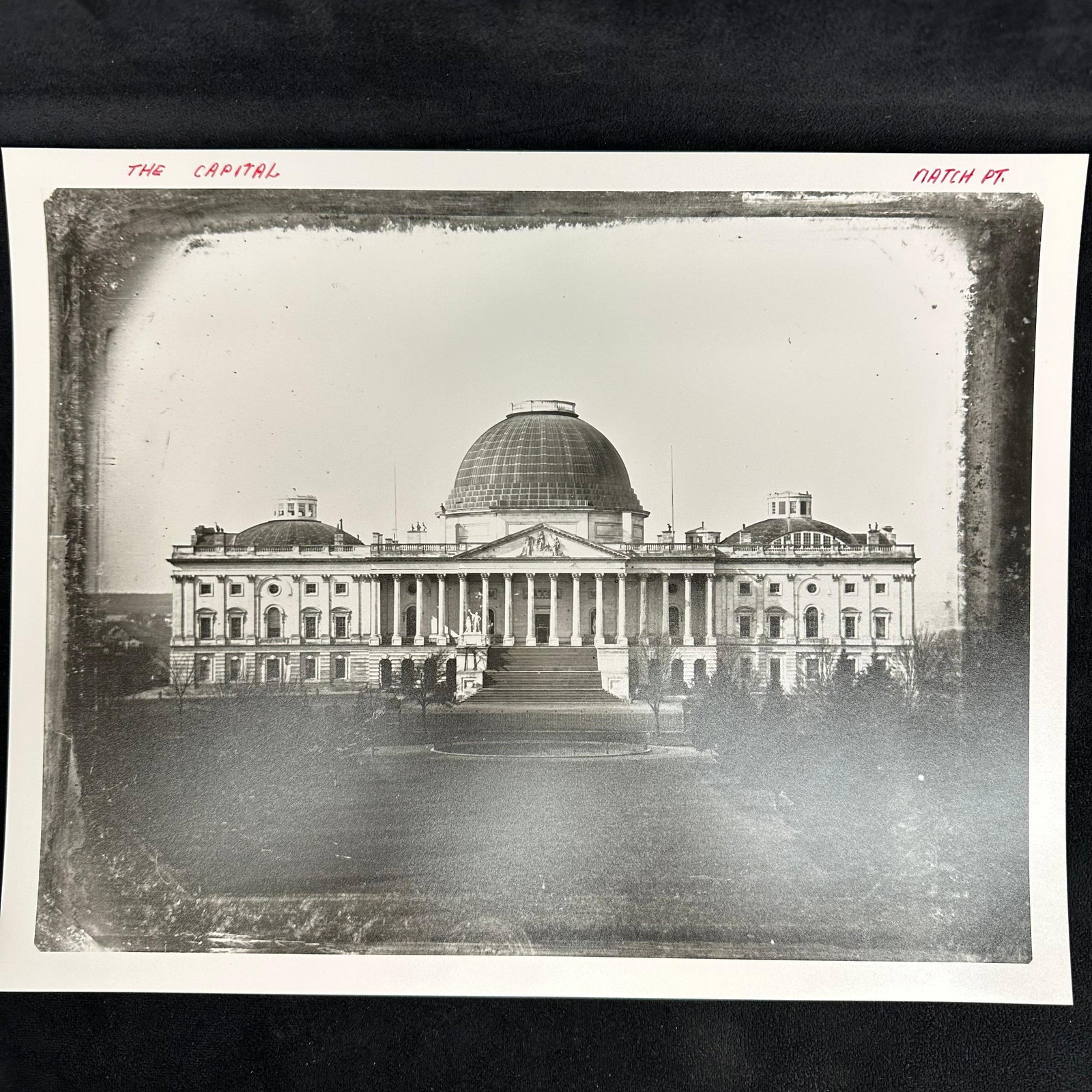 Black and White Analog Photo Reproduction Print U.S. Capitol Building: Black and white analog photograph print depicting the United States Capitol Building during the mid-19th century, while the iconic dome was still under construction. The image shows the original, smal