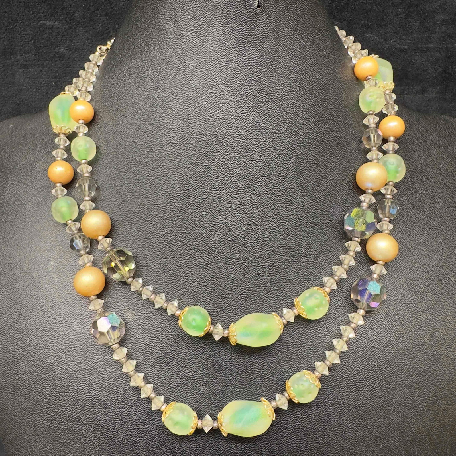 Murano Venetian Lamp Work Art Glass Clear Green Beaded Double Layered Necklace G20 (1 of 9)