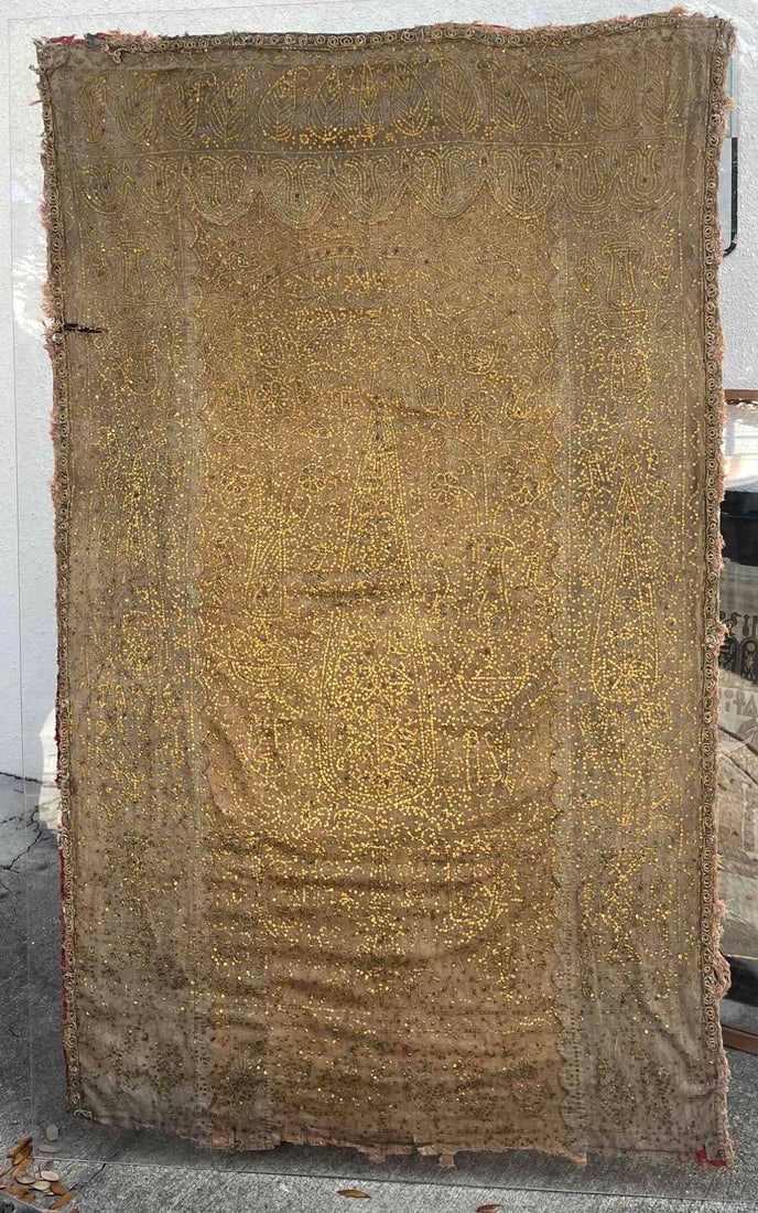 Antique Persian Tapestry 18-19th Century: Antique Persian Tapestry 18-19th Century Persian tapestry believed to be from the 18th or 19th century. Features embroidery with metal sequins and silver beads. This piece has significant wear from a