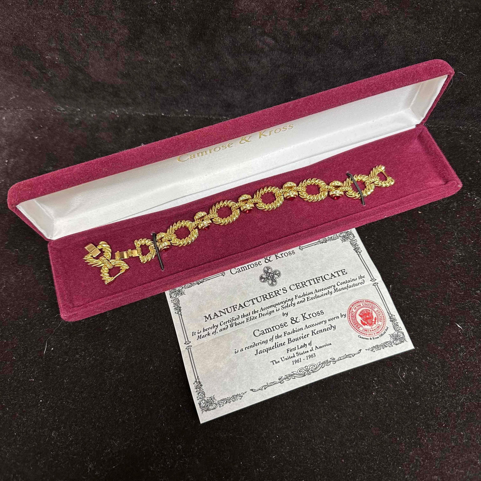 Camrose And Kross Bracelet JBK Jacqueline Kennedy Red Clear Rhinestone: Includes original box, COA, and extra extension link included. This item is in good pre-owned, previously displayed condition with light wear, and surface scratches. Overall good condition. Please ref