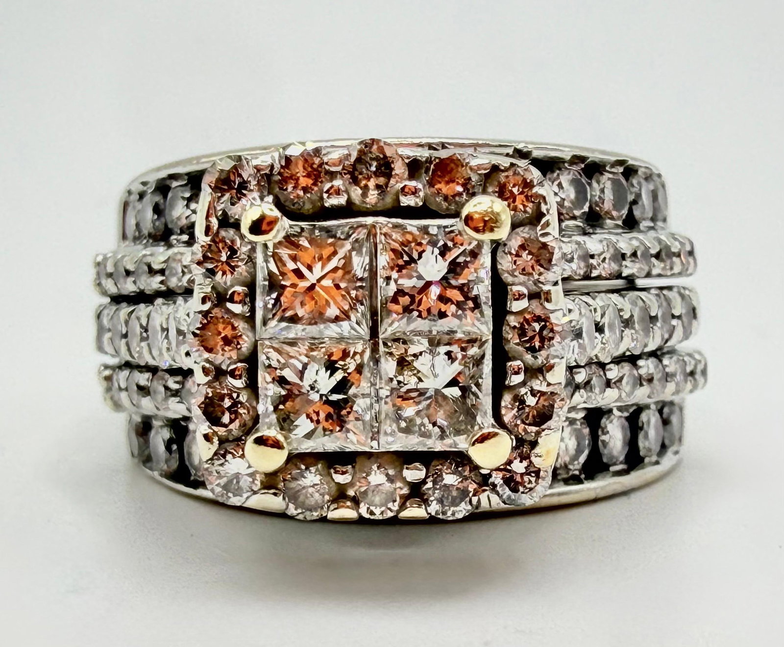 14K White Gold Princess Cut Quad Diamond Frame Bridal Ring: This item is in good pre-owned, previously used/displayed condition with noticeable light wear and surface scratches. Please reference all photos for full details. This piece of jewelry has been teste