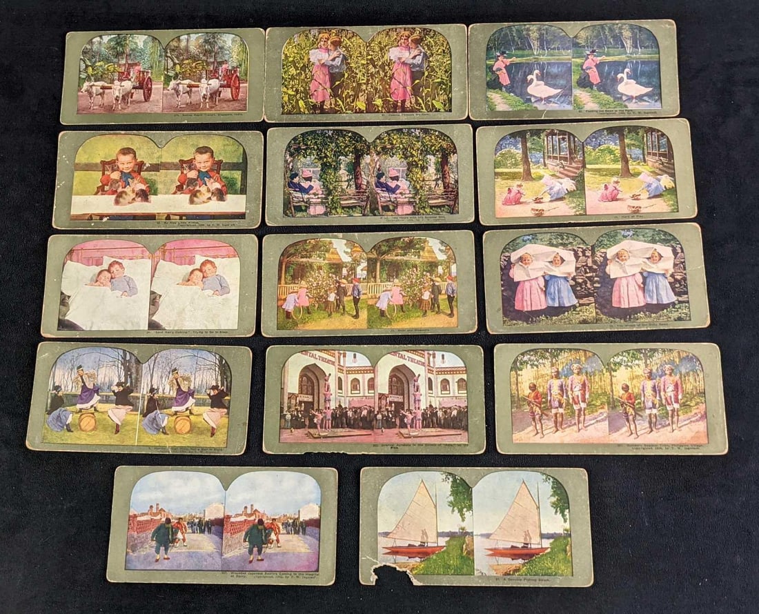 14 Vintage Stereoscopic Photos People Of The World: 14 Vintage Stereoscopic Photos People Of The World. Each card is approx 7" x 3 1/2" and together they weigh under one pound at 0.29lb. The photos are in a good, vintage conditon with some wear and rip