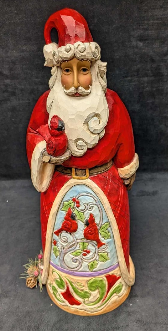 Jim Shore Holiday Living Santa Claus 19" Figurine: Jim Shore Holiday Living Santa Claus 19" Figurine. The resin figurine is approx 9" x 7" x 19 1/2" and it weighs 5.20lbs. There is a chip on Santa's thumb that is holding the cardinal. By Enesco.