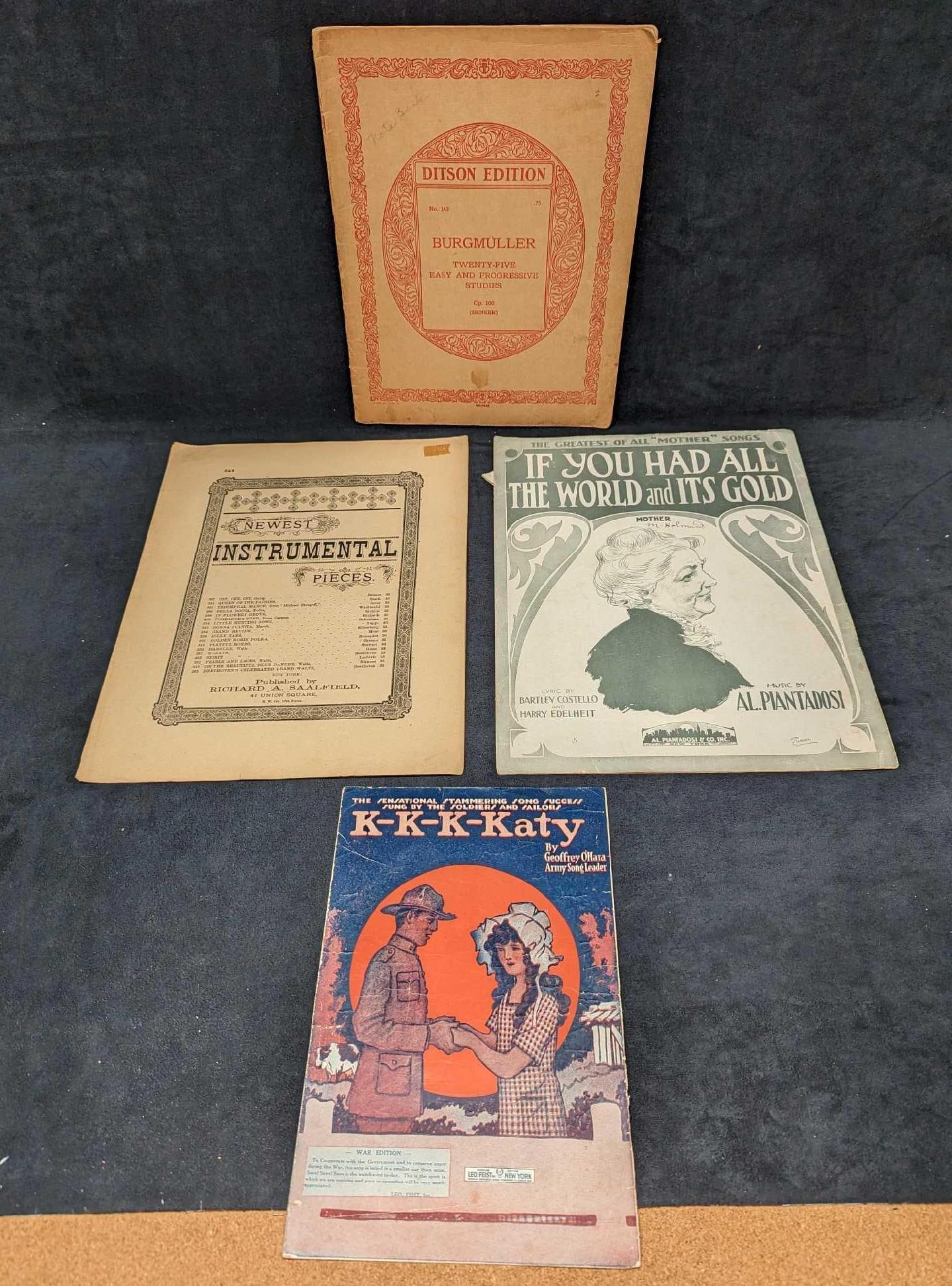 4 Vintage Sheet Music & Paperback Collection: 4 Vintage Sheet Music & Paperback Collection. This lot contains: (1) K-K-K-Katy By Geoffrey O'Hara, Army Song Leader. War Edition. (1) If You Had All The World And It's Gold By AL. Piantad