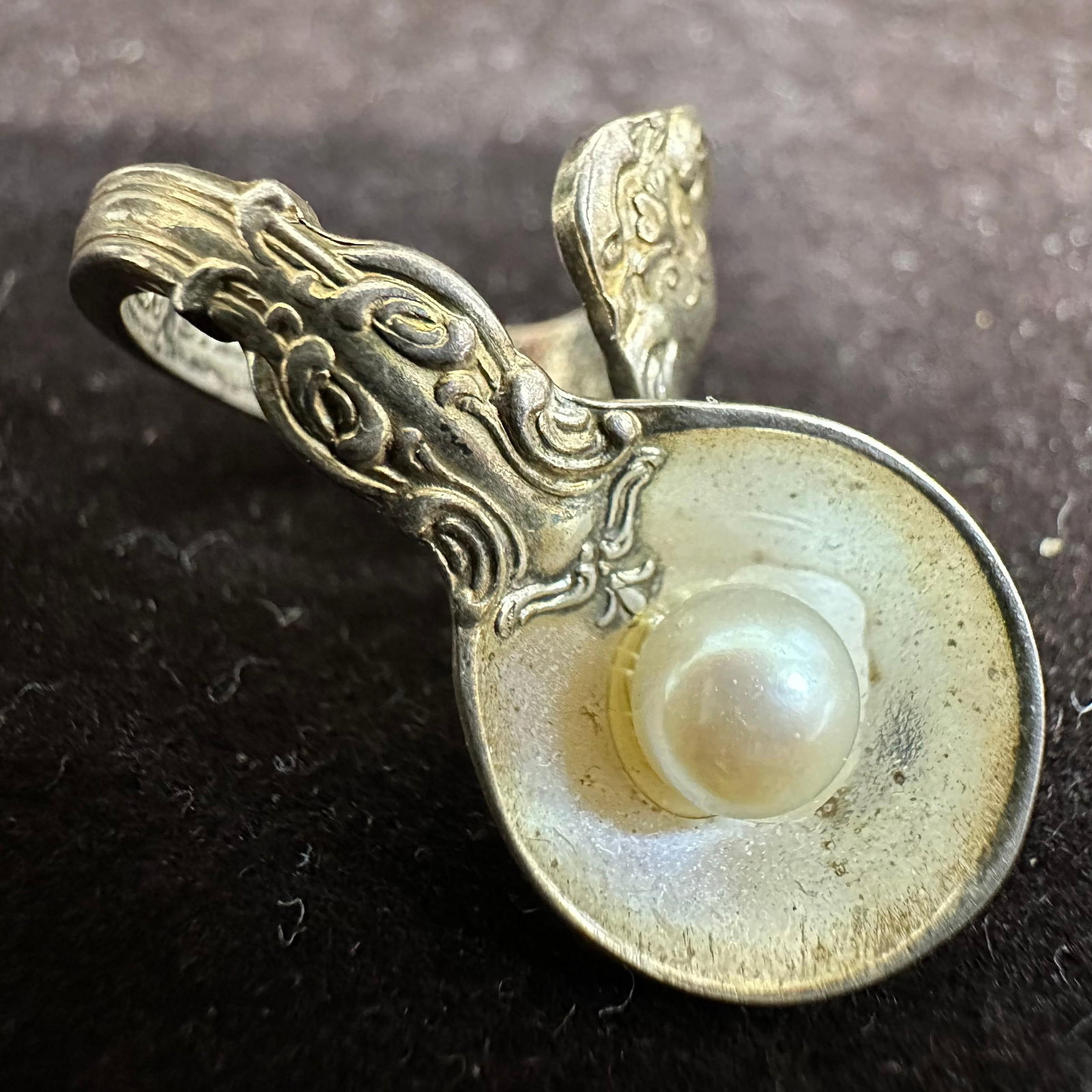 Pearl Gorham Sterling Silver Bent Spoon Style Ring: This item is in good pre-owned, previously used/displayed condition with noticeable light wear and surface scratches. Please reference all photos for full details. This piece of jewelry has been teste