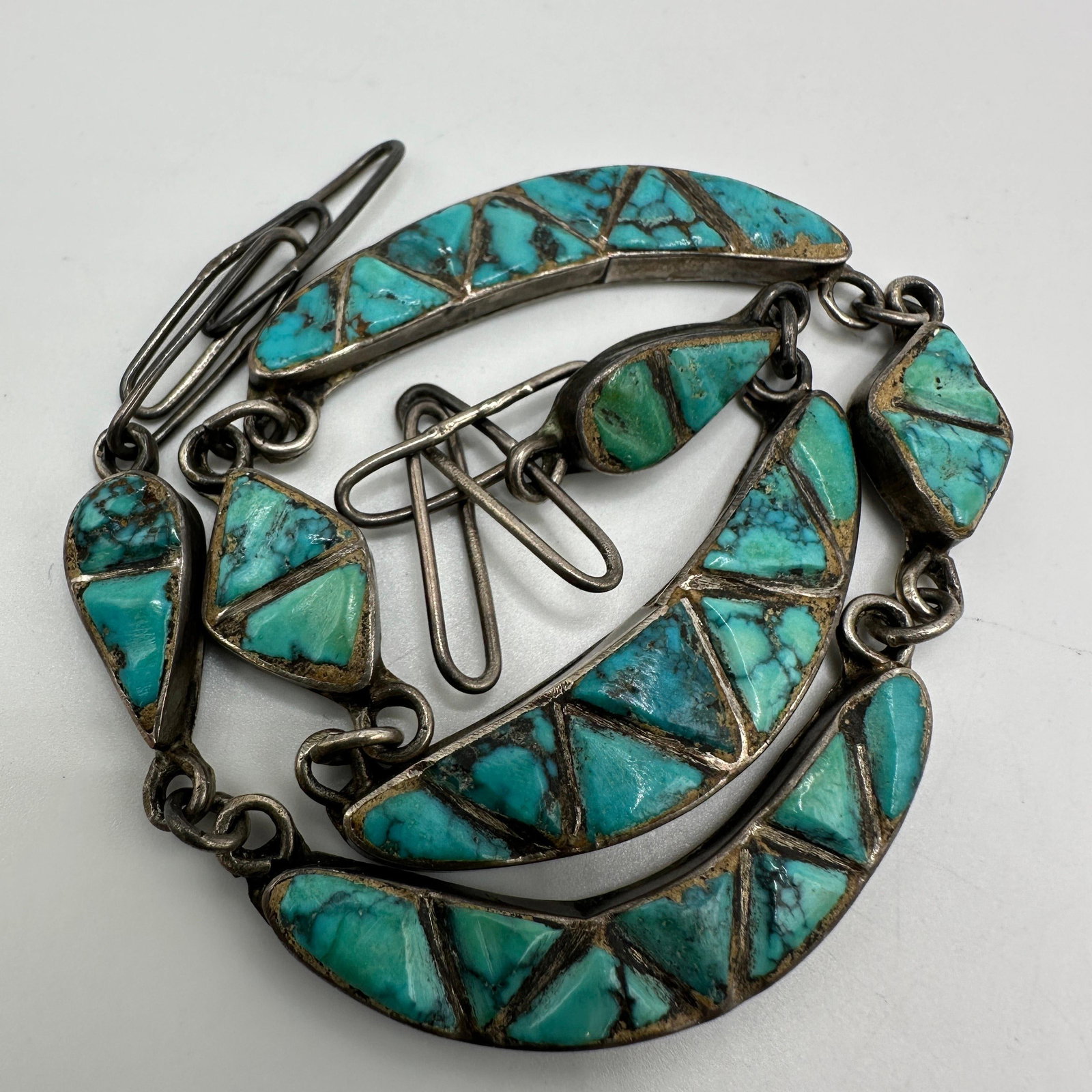 Turquoise Geometric Stone Silver Native Style Broken Necklace (1 of 7)