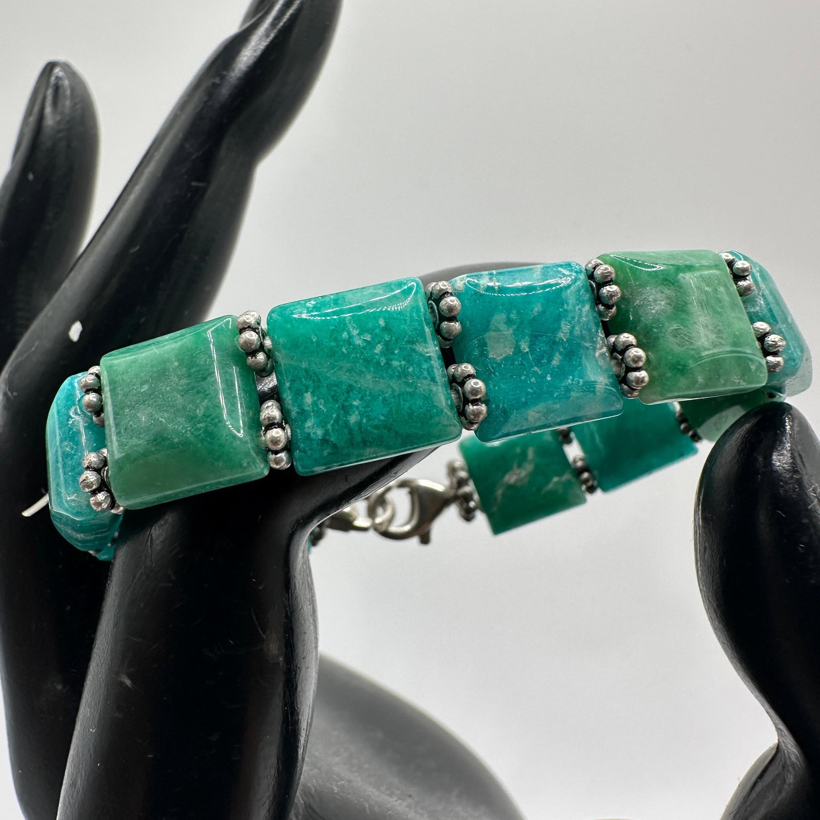 Amazonite Square Beaded Sterling 925 Small Bracelet: This item is in pre-owned, previously used/displayed condition with noticeable light wear and surface scratches. Please reference all photos for full details. This piece of jewelry has been tested and