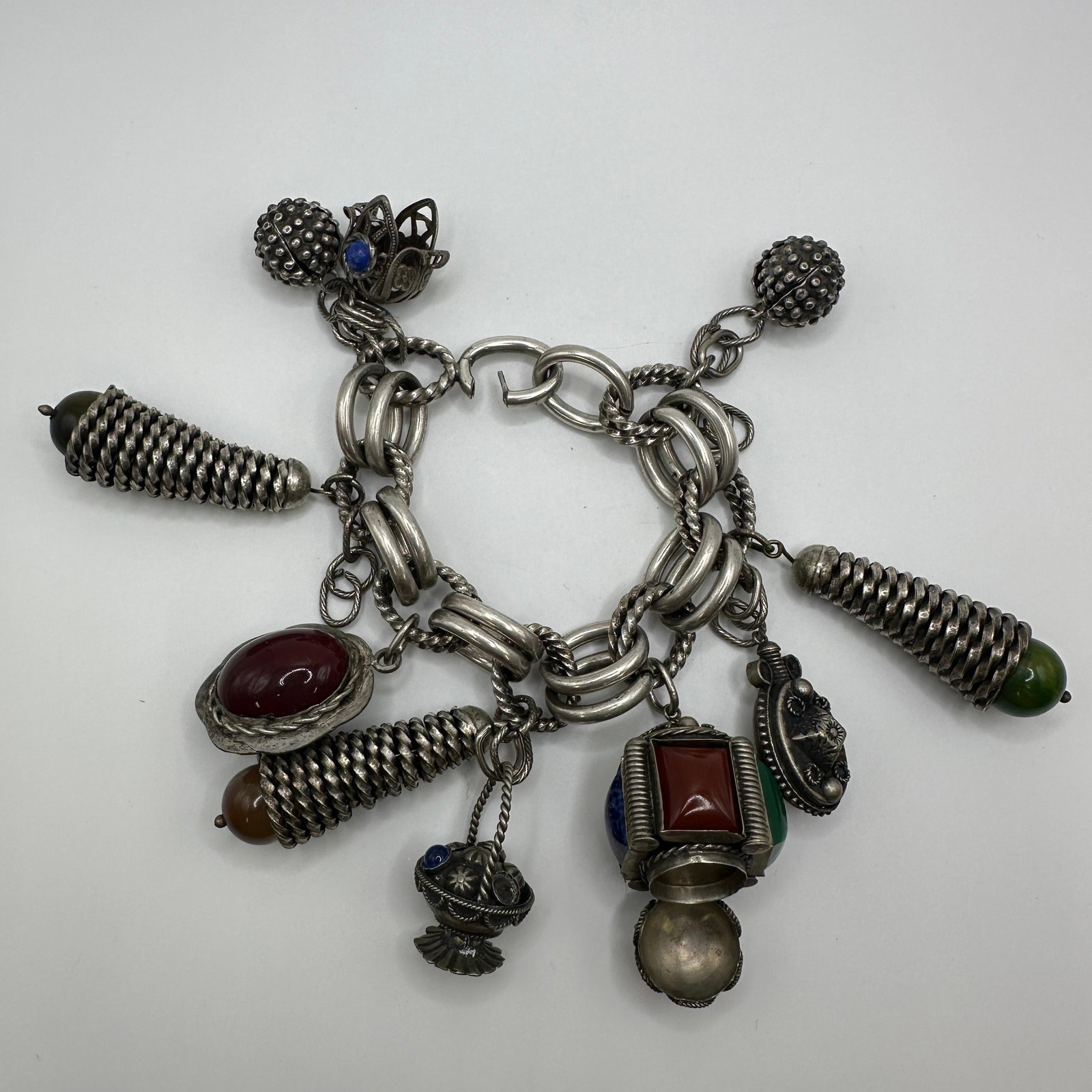 Vintage Silver Tone Charm Bracelet Large Stone Cabochon Charms (1 of 9)