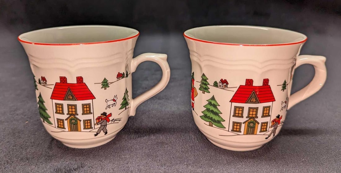 2 Retired Jamestown China Joy of Christmas Mugs A: 2 Retired Jamestown China Joy of Christmas Mugs A. Each is approx 4 1/4" x 3 1/4" x 3 1/4" and the total weight is 0.82lb. One of the mugs has a very small scratch on one of the houses. 