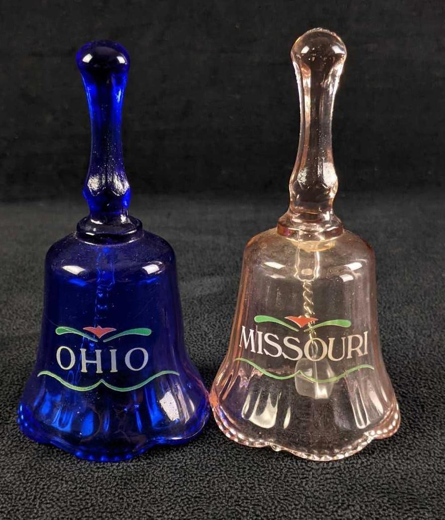 Vintage State Bells: Vintage State Bells 4 1/2in tall Ohio, Peach Cobalt Blue glass Missouri, Peach colored glass 0.4lbs