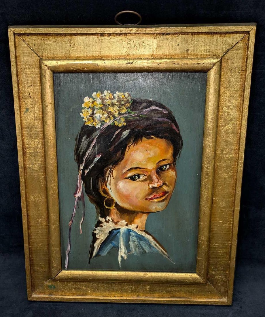 Vintage Framed Oil On Wood Young Lady: Vintage Framed Oil On Wood Young Lady. This is approx 15 3/4" x 1/2" x 20 1/4" and it weighs 3.30lbs. There is no signature on the original. There is some signs of wear on the frame. Please see the im
