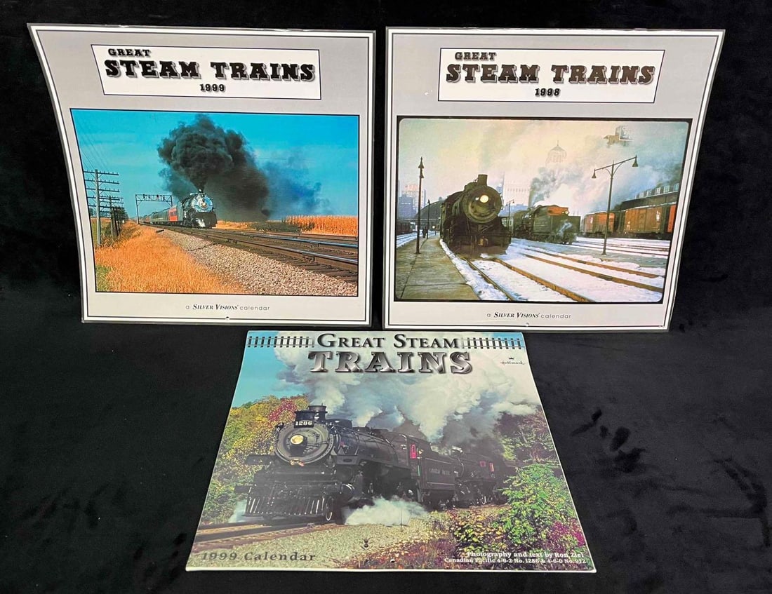 Three Vintage Great Stream Trains Calnedars 1998 & 1999 Silver Vision & Hallmark: This lot contains Three Vintage Great Stream Trains Calendars 1998 & 1999 Silver Vision & Hallmark. The largest Calendar is approx 12" x 12" and altogether they weigh about 1.1lbs. Overall the Gr