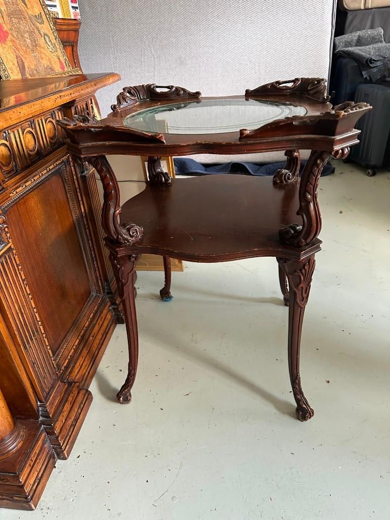 Antique Side Table With Round Glass Insert - 2