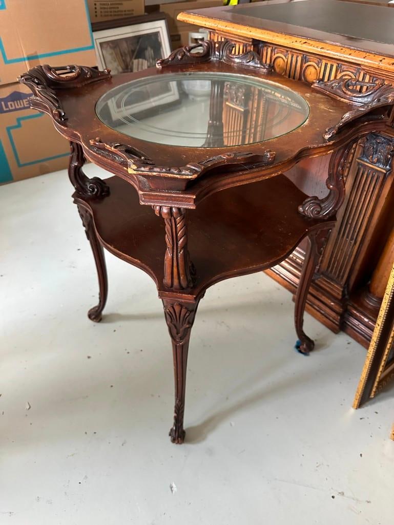 Antique Side Table With Round Glass Insert - 4