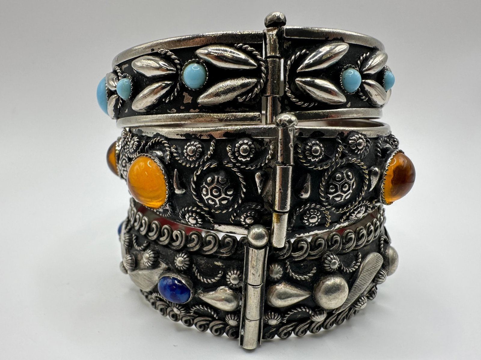 Vintage Hinged Cuff Bracelets Faux Turquoise Amber and Lapis Style Stones (1 of 6)