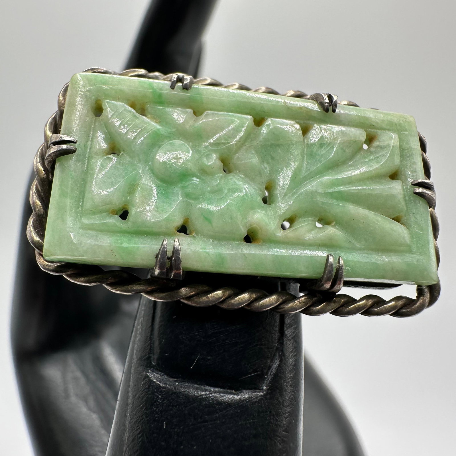 Chinese Art Deco Style Jadeite Rectangular Silver Rope bezel Brooch Q65 (1 of 5)
