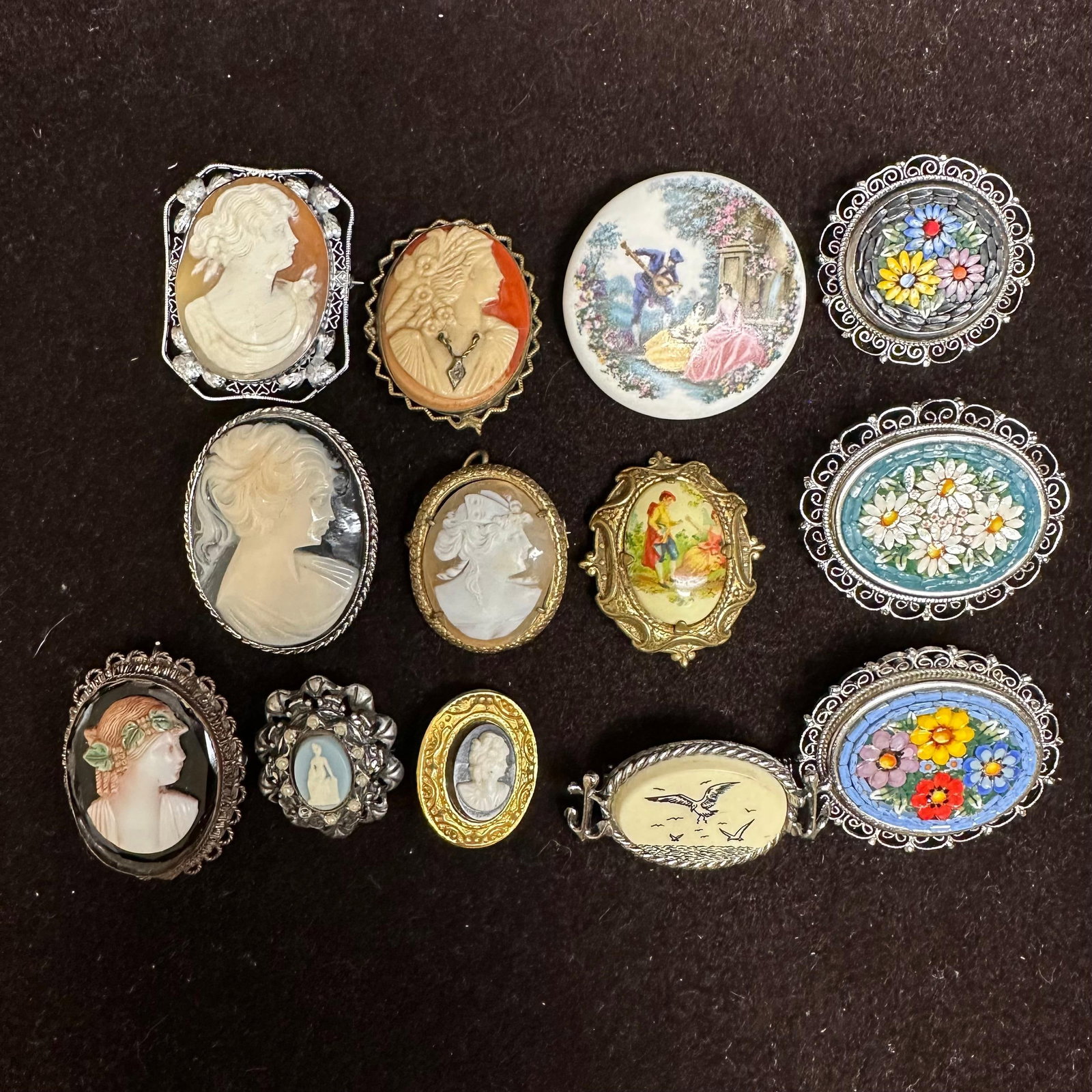 Vintage Cameo And Micro Mosaic Brooch Lot Shell Portrait Scenic Pins Mixed Set (1 of 4)