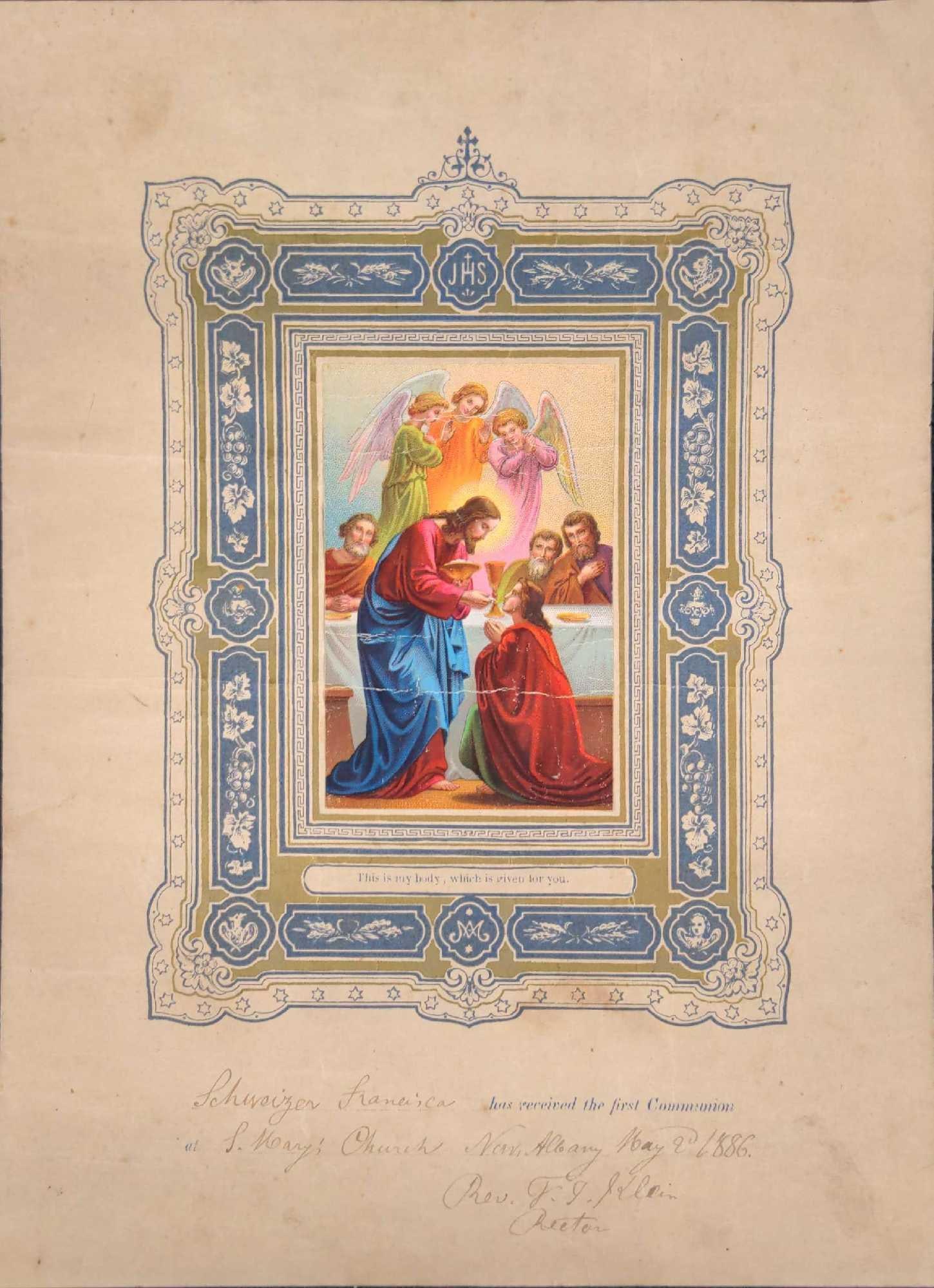 Antique First Communion Certificate Print St Marys: Print from 1886 celebrates one's first Holy Communion. This was given to the original owner at Saint Mary's Church in Albany in New York on May 2, 1886. The print is approx 8" x 11" and is in good, an