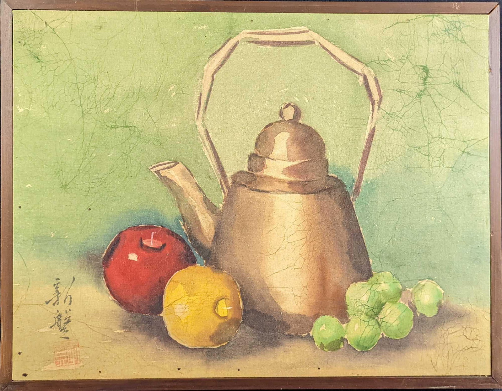 Batique Classics Reproduction Chinese Teapot & Candle: This is a Batique Chinese reproduction made in the Republic of Taiwan, of a classic art painting. The Batique material, hand-copied with a teapot with two candles, is set in wood to frame the piece. O