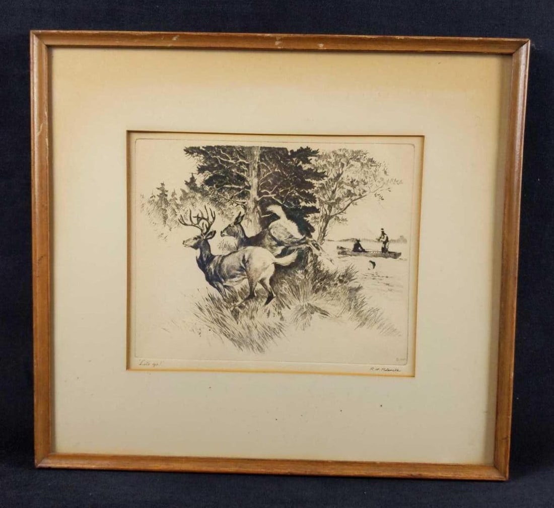 Reinhold RH Palenske Signed Etching Deer In Woods: Vintage signed etching by R. H. Palenske titled: "Let's Go." Two deer in woods, with fishermen in boat in background. Signed on matte and labeled on matte by artist. Framed art is approx 17" x 1" x 15