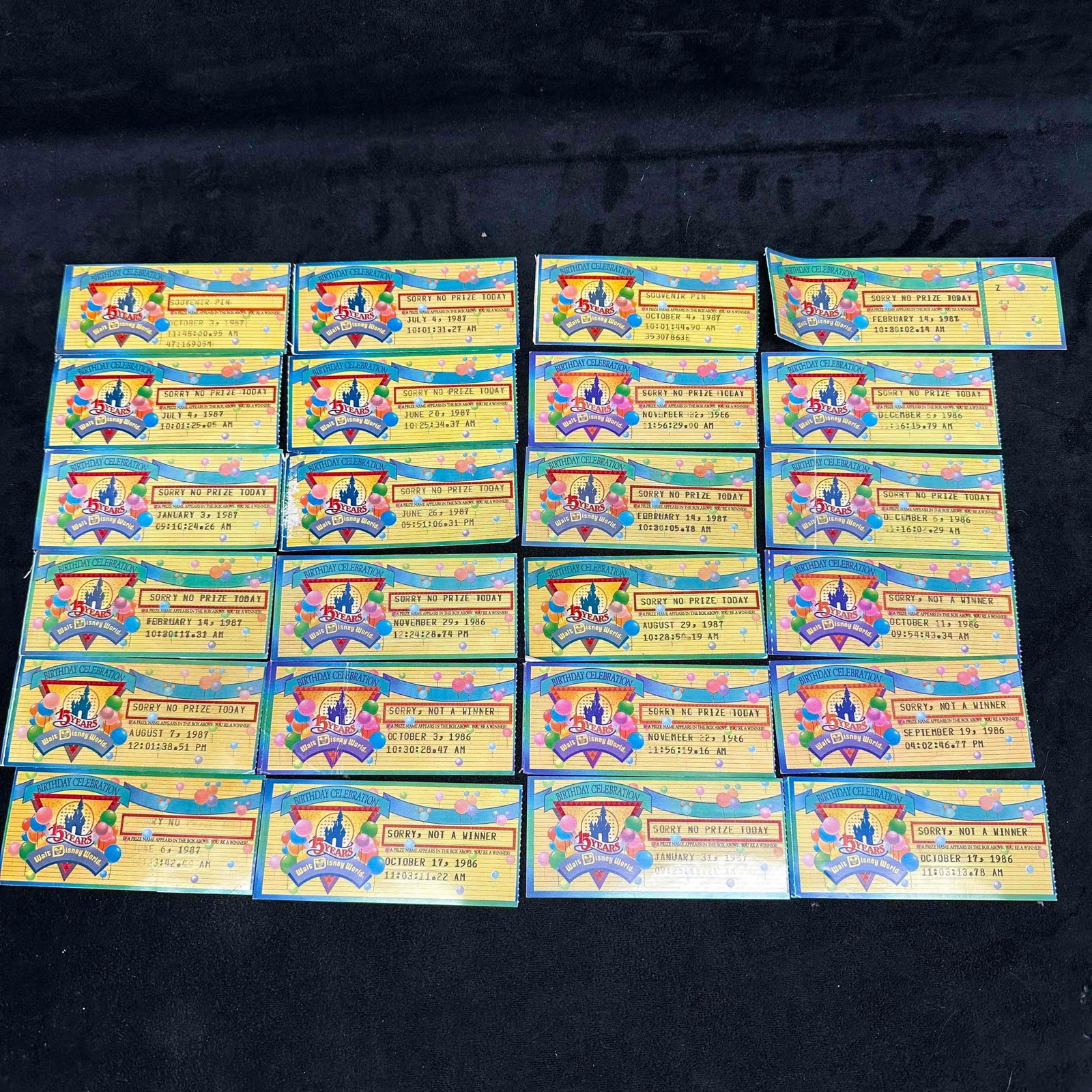24 Vintage 1980's Walt Disney World 15 Year Celebration Prize Tickets 1986 and 1987 Ticket Set: 24 twenty four tickets included. Each ticket shows signs or wear with light creases and minor tears. These items are in good pre-owned, previously displayed condition with light wear, and surface scra