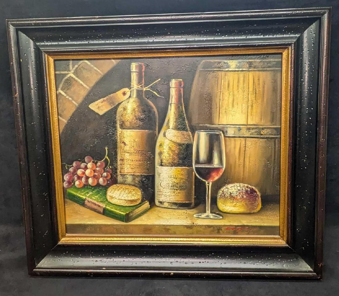 Framed Original Oil On Canvas Wine And Cheese Scene JB: Framed Original Oil On Canvas Wine And Cheese Scene JB. This framed original is approx 31 1/2" x 3" x 27" and it weighs 13.70lbs. The bottom right of the canvas was signed by the artist. We could