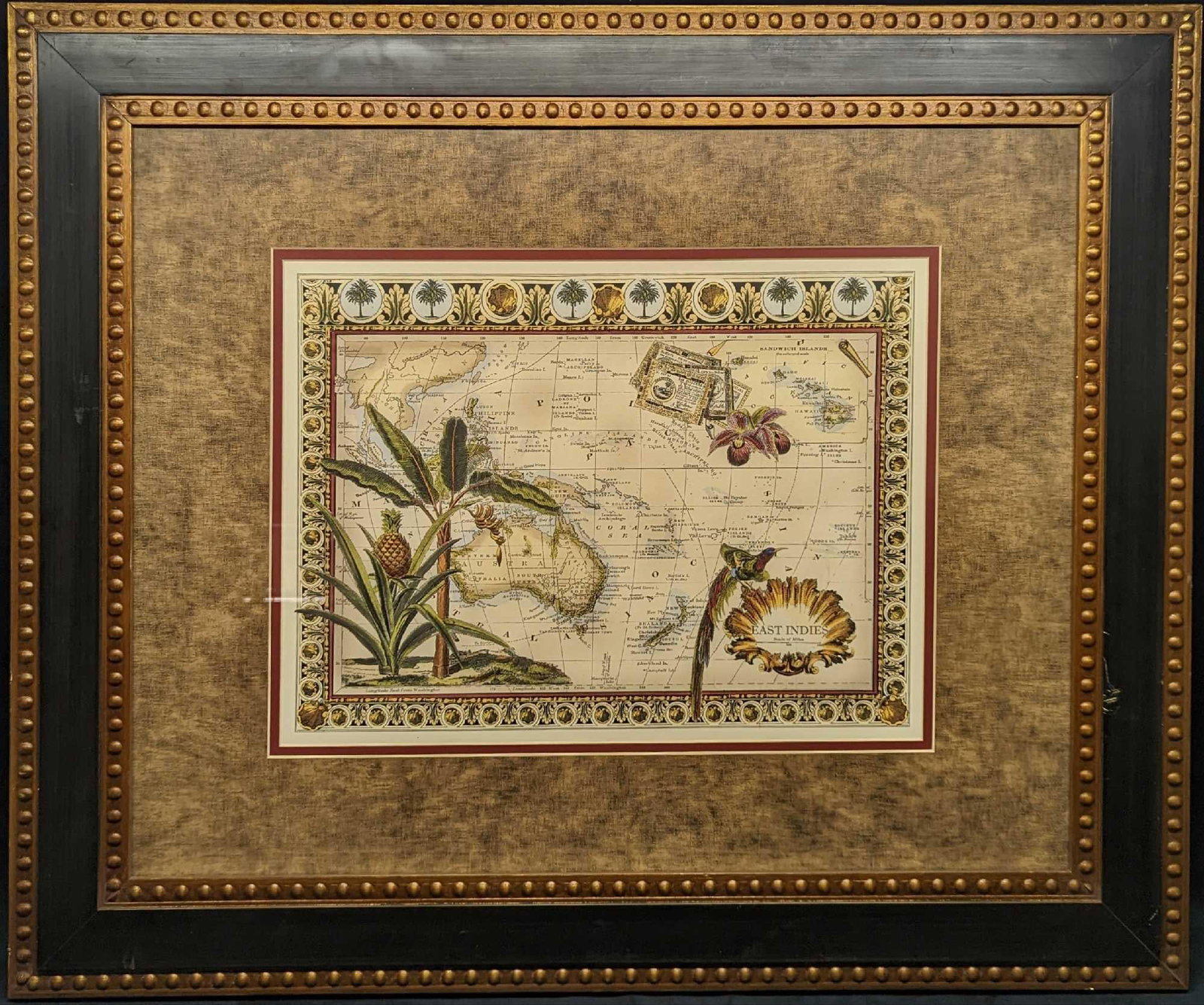 Framed Tropical West Indies Map Print: Framed Tropical West Indies Map Print. This framed print is approx 37" x 1 1/4" x 31" and it weighs 17.50lbs. The print is approx 19 1/2" x 15". The framed print has some scratches. Please see the ima