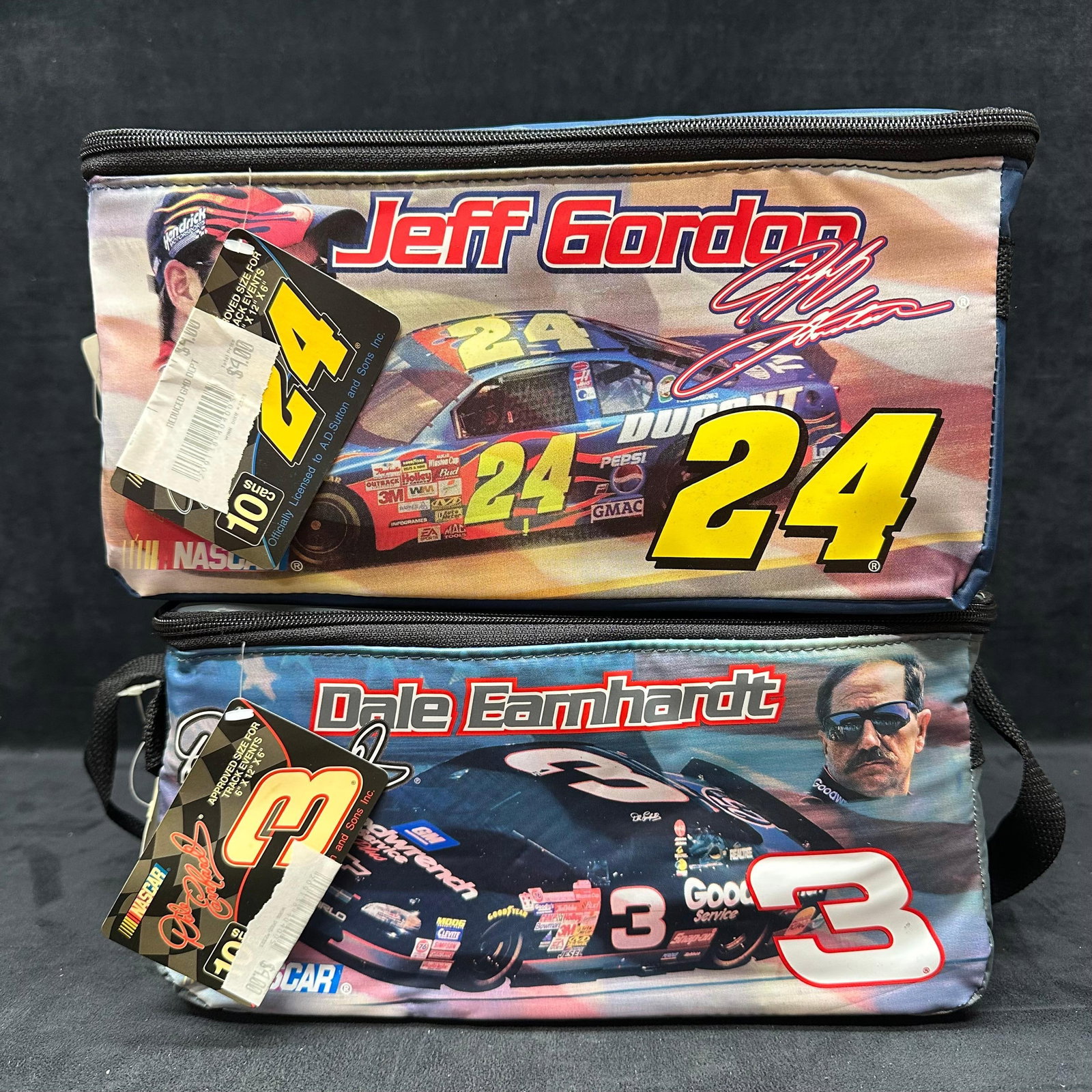 Jeff Gordon #24 and Dale Earnhardt #3 NASCAR Insulated Cooler Bags Set: Pair of NASCAR-themed insulated cooler bags featuring Jeff Gordon #24 and Dale Earnhardt #3 graphics. Soft-sided coolers with zip-top closures, adjustable shoulder straps, and insulated interiors with