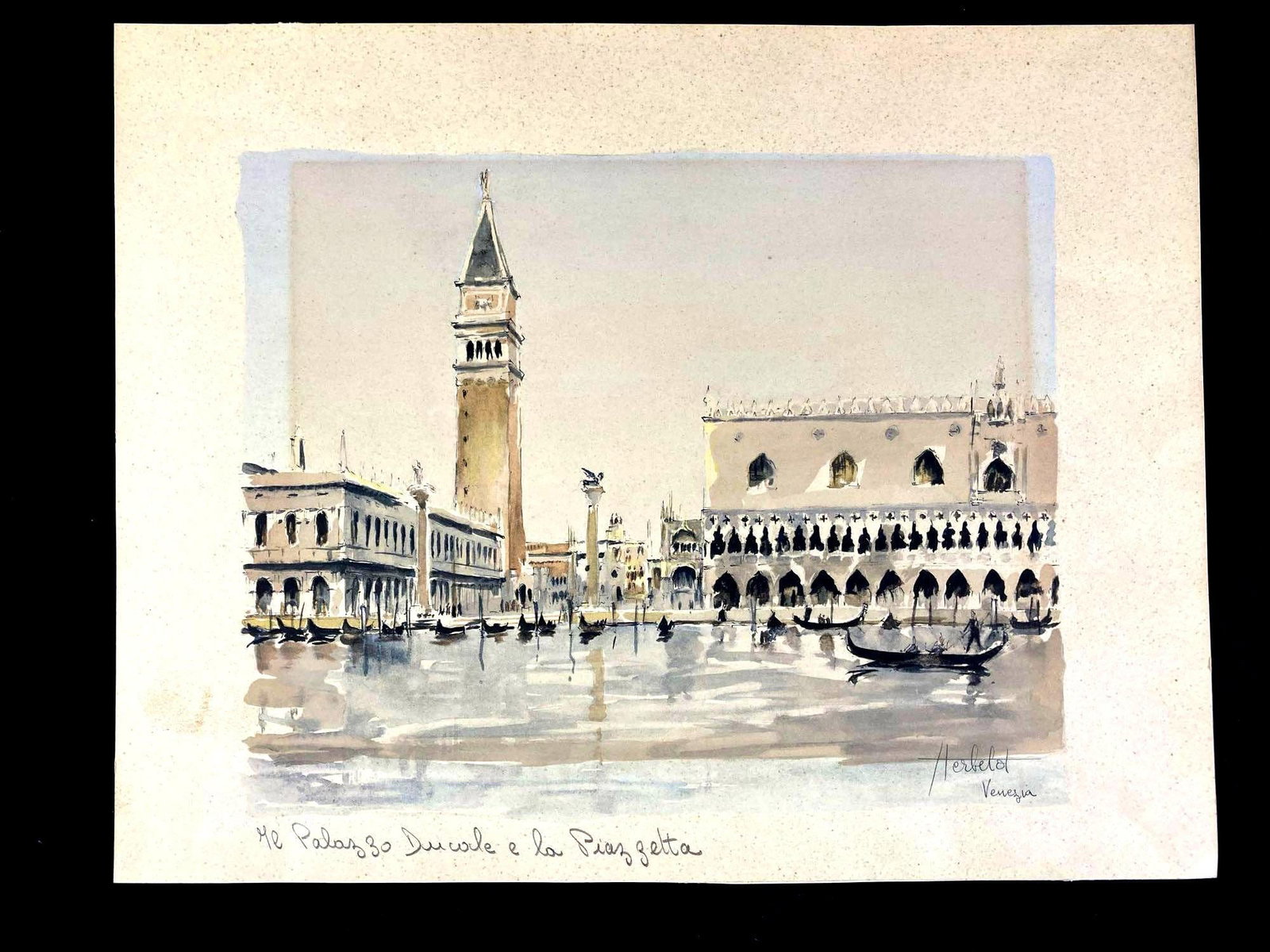 Herbelot Watercolor Copy of Venice Harbor: Up for auction is a recent estate find, a Herbelot watercolor copy of Venice Harbor and dates to the 1950's. The reverse has a manufacturing stamp and says, "Made in France." The scene dep