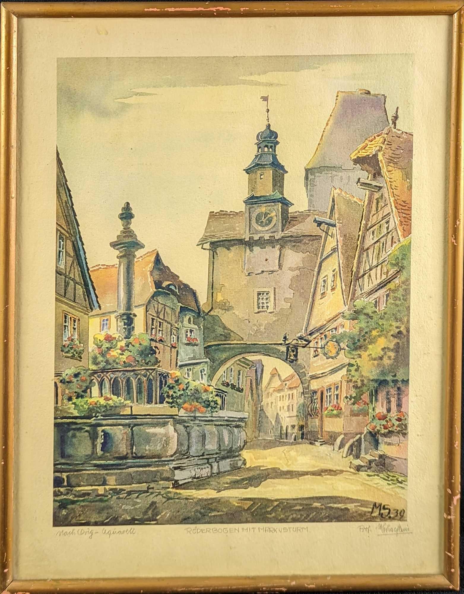 Vintage Roderbogen Bow and Markusturm Tower Print: Vintage Roderbogen Bow and Markusturm Tower Print. Is signed in pencil by the artist on the bottom right. The framed print is approx 13 3/4" x 3/8" x 17 3/4" and it weighs 3.12lbs. The print itself is