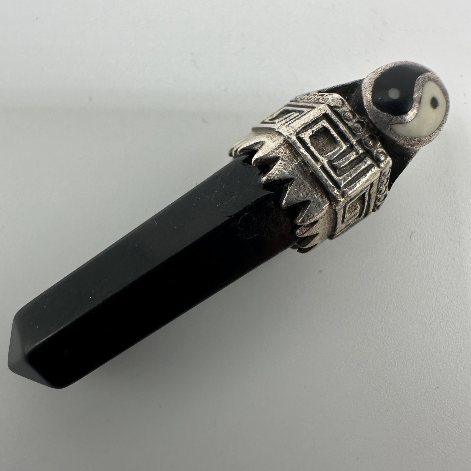 Yin-Yang Black Onyx Pointed Stone Silver Pendant: This item is in good pre-owned, previously used/displayed condition with noticeable light wear and surface scratches. Please reference all photos for full details. This piece of jewelry has been teste