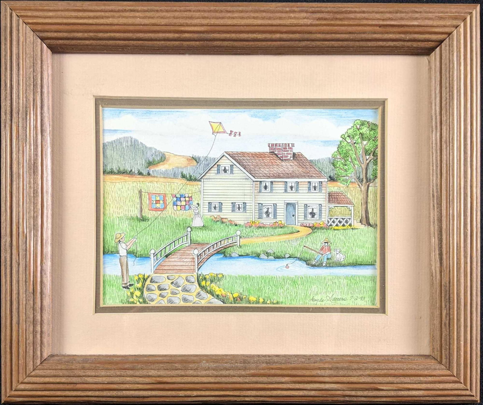 Original Art Work by Gayle Sauers Framed Signed: Original Art Work by Gayle Sauers Framed Signed This original by Gayle Sauers is a beautiful drawing of a home on the creek. It was made with ink and colored pencil. This work is beautifully matted an